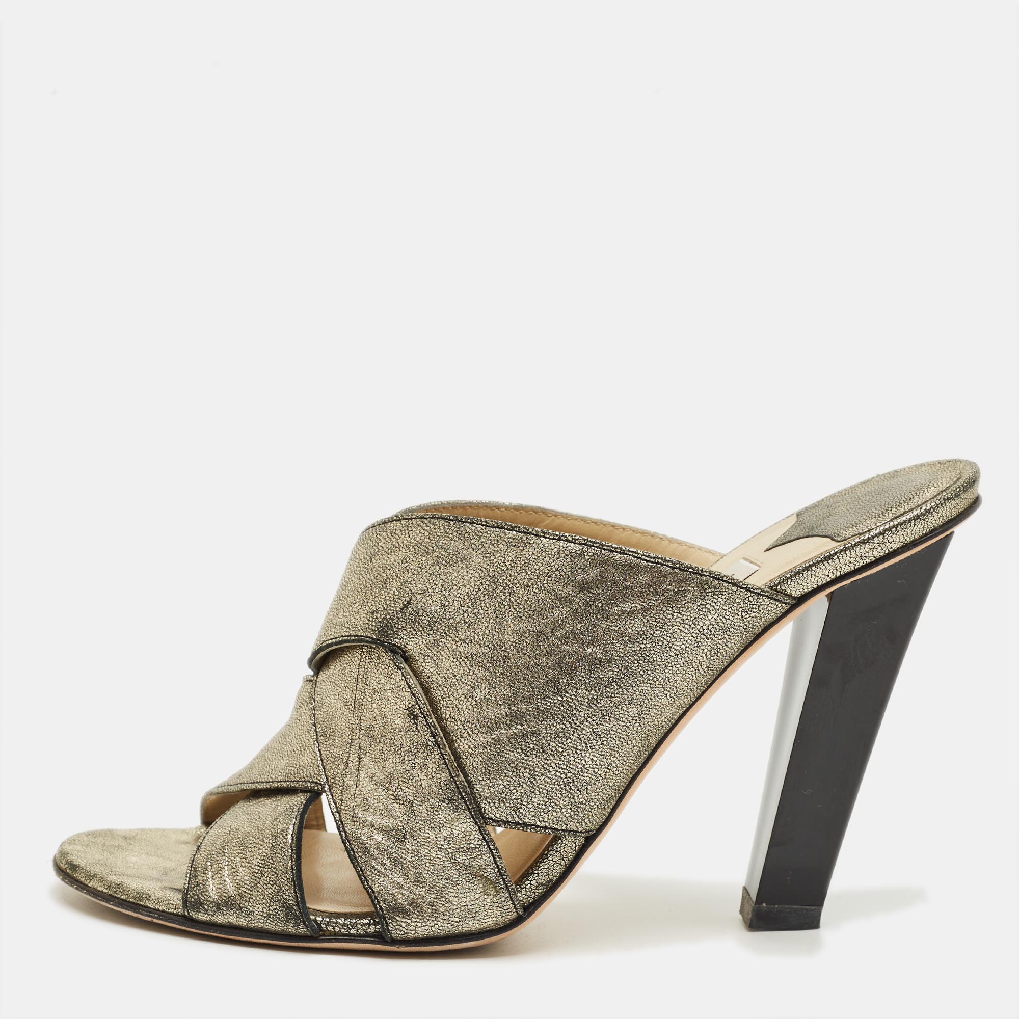 

Jimmy Choo Metallic Crisscross Leather Slide Sandals Size, Gold