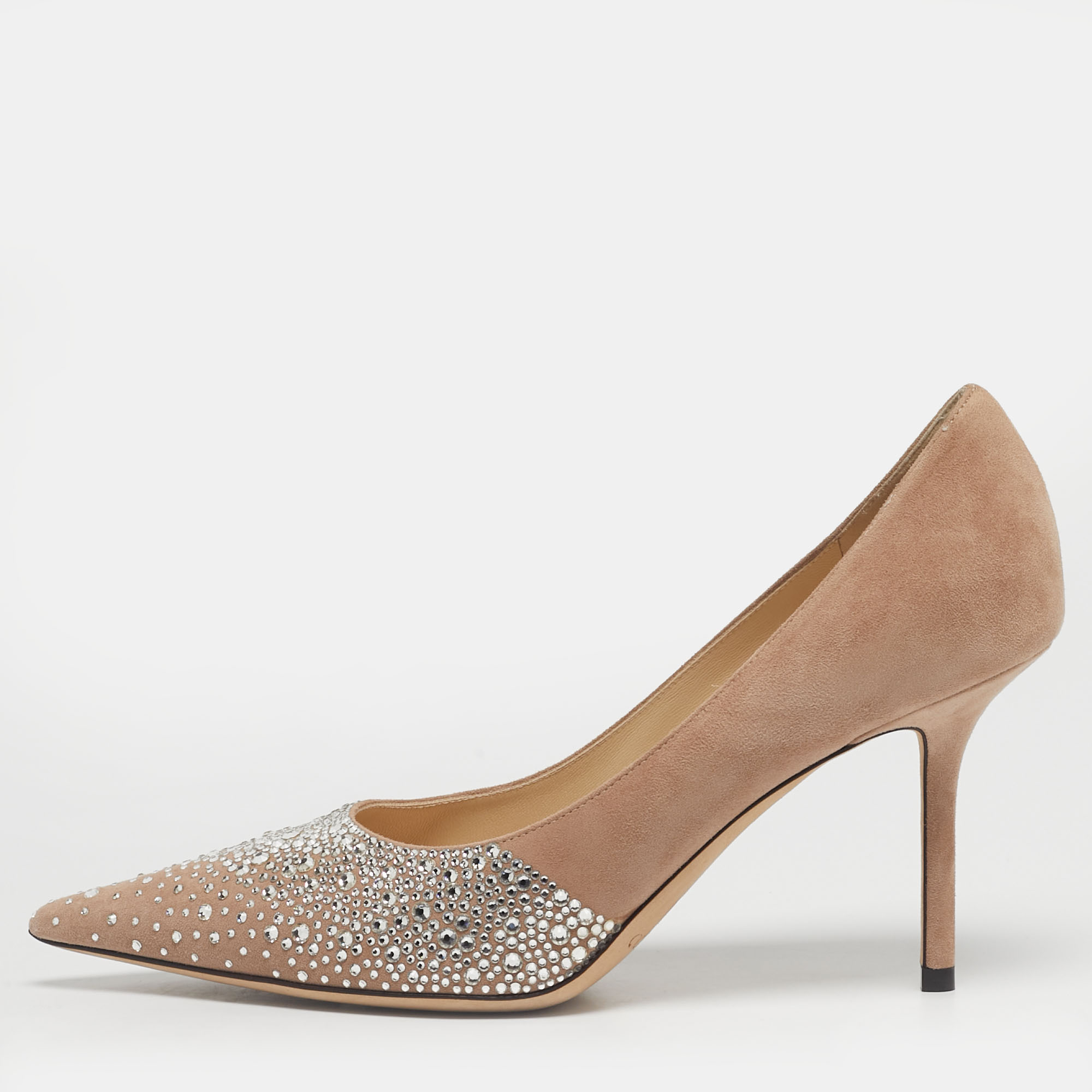 Pre-owned Jimmy Choo Beige Suede Crystal Embellish Love Pumps Size 37.5 In Sand