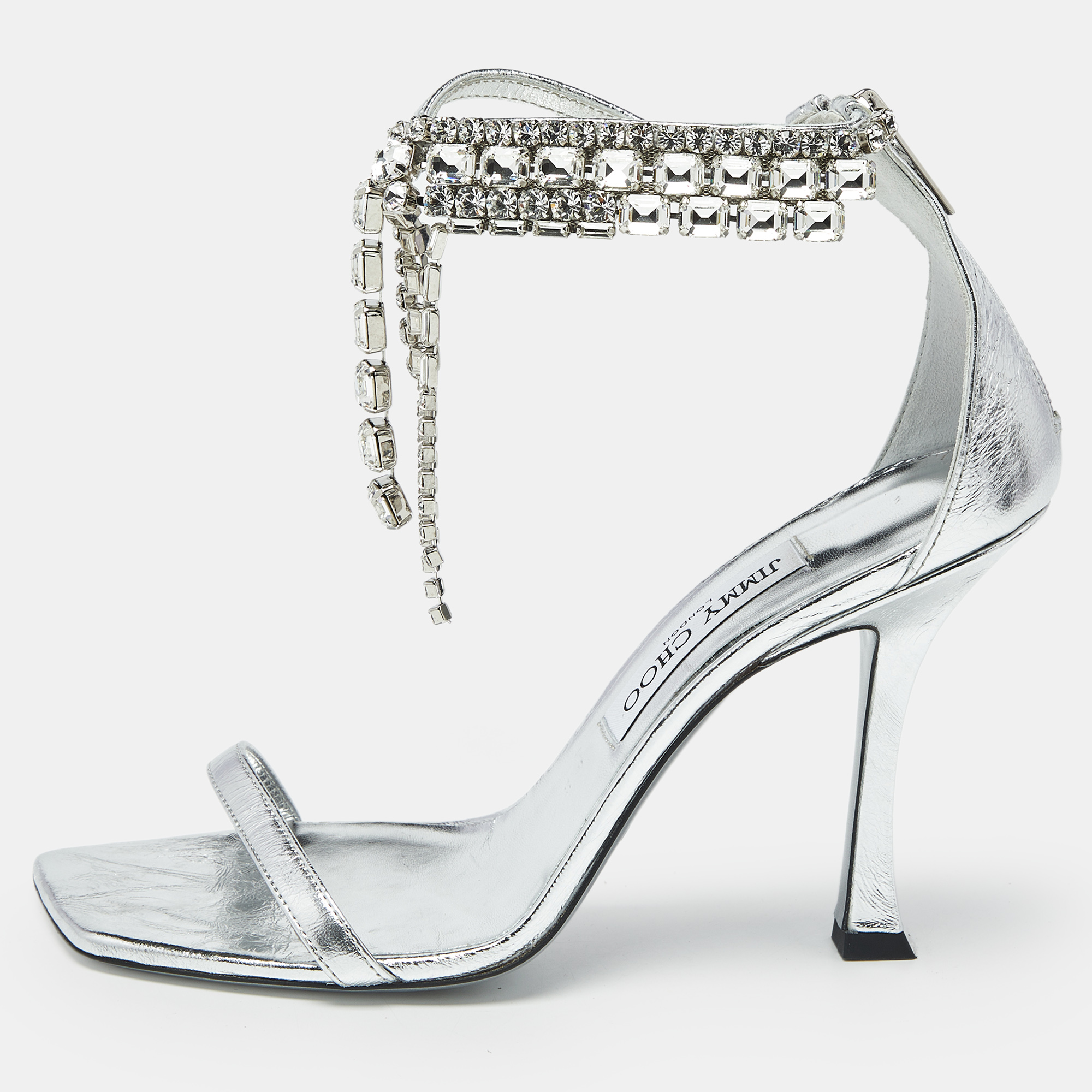 

Jimmy Choo Silver Leather Crystal Embellished Verity Sandals Size