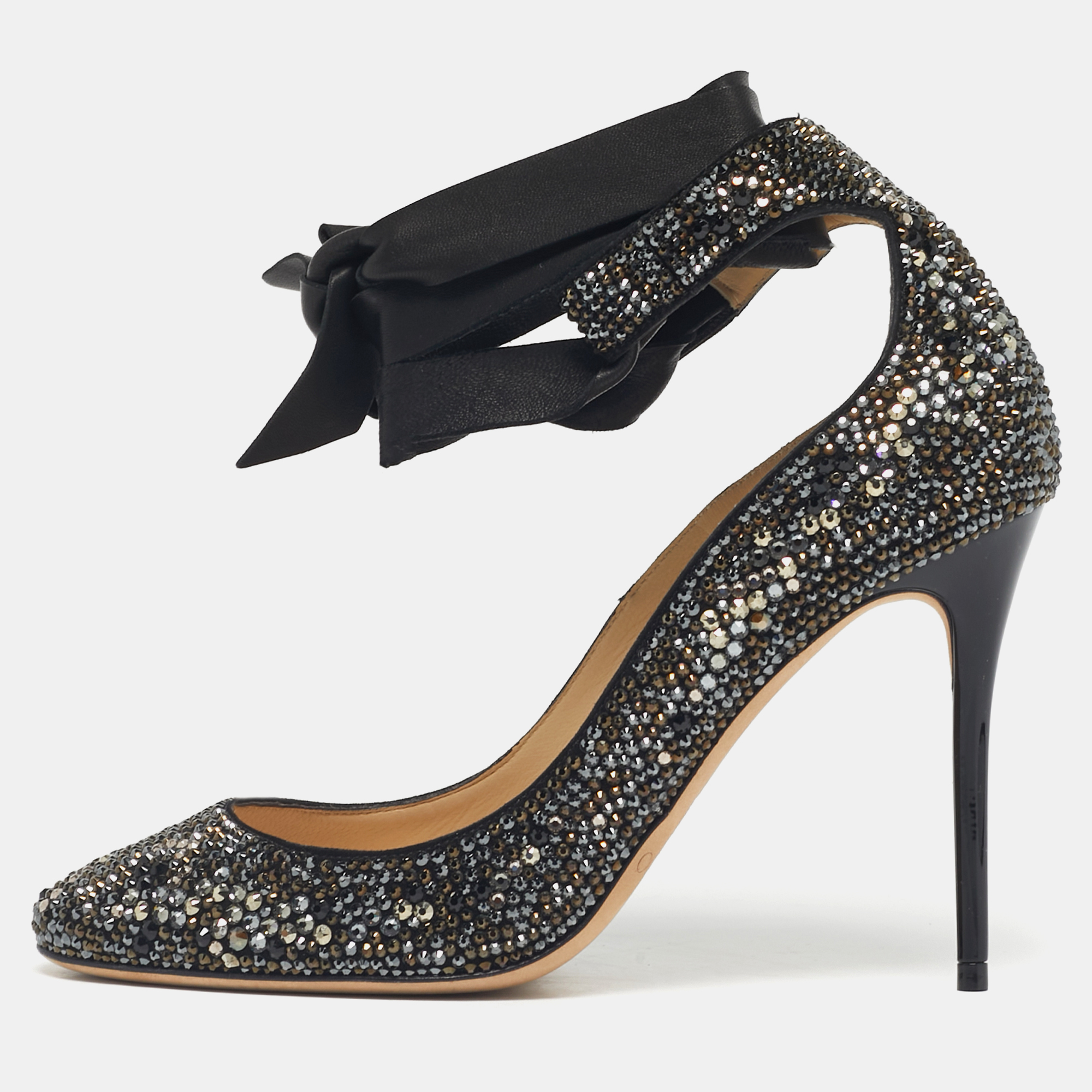 Pre-owned Jimmy Choo Black Crystals And Leather Rosana Pumps Size 36