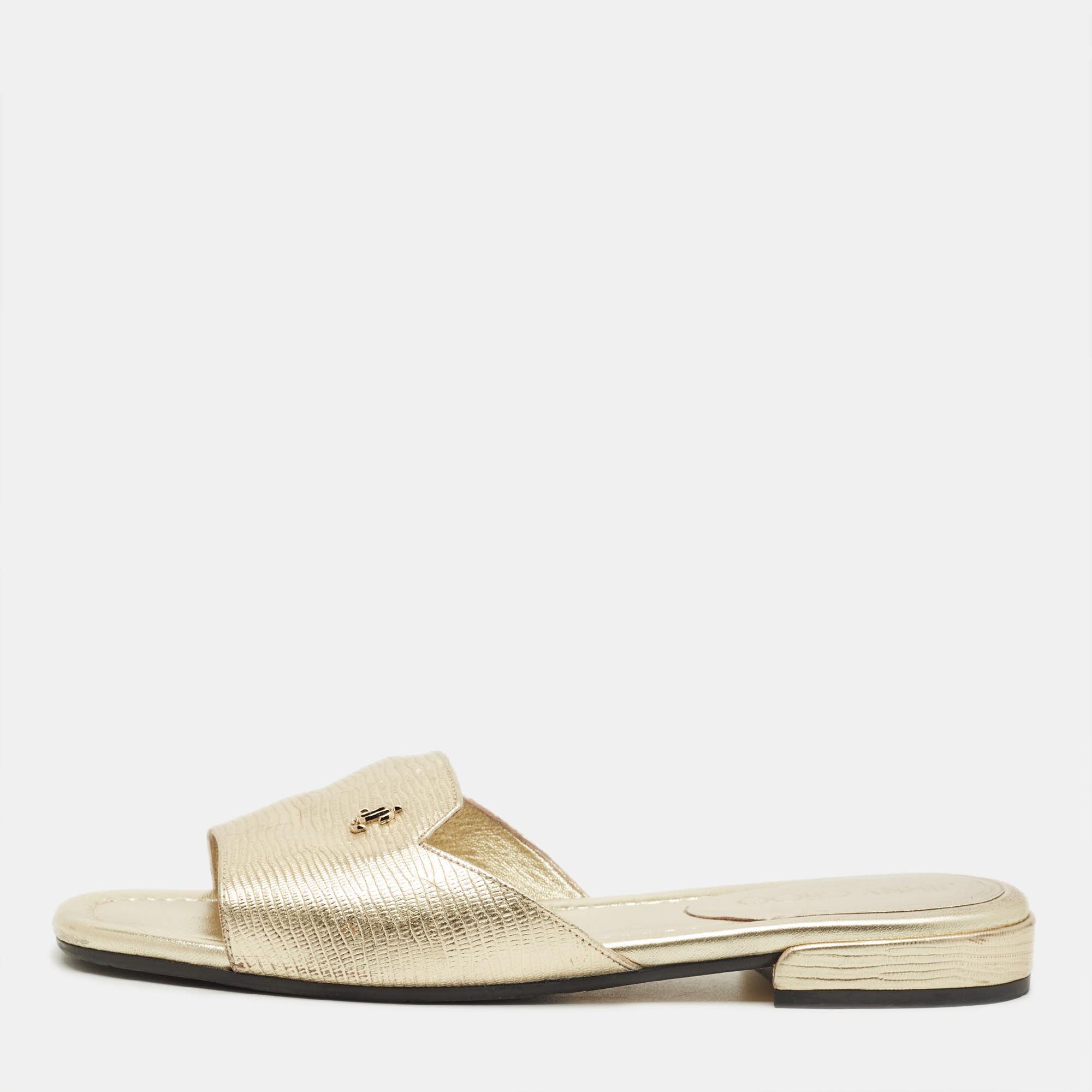 Pre-owned Jimmy Choo Gold Lizard Embossed Leather Dina Flat Slides Size 37