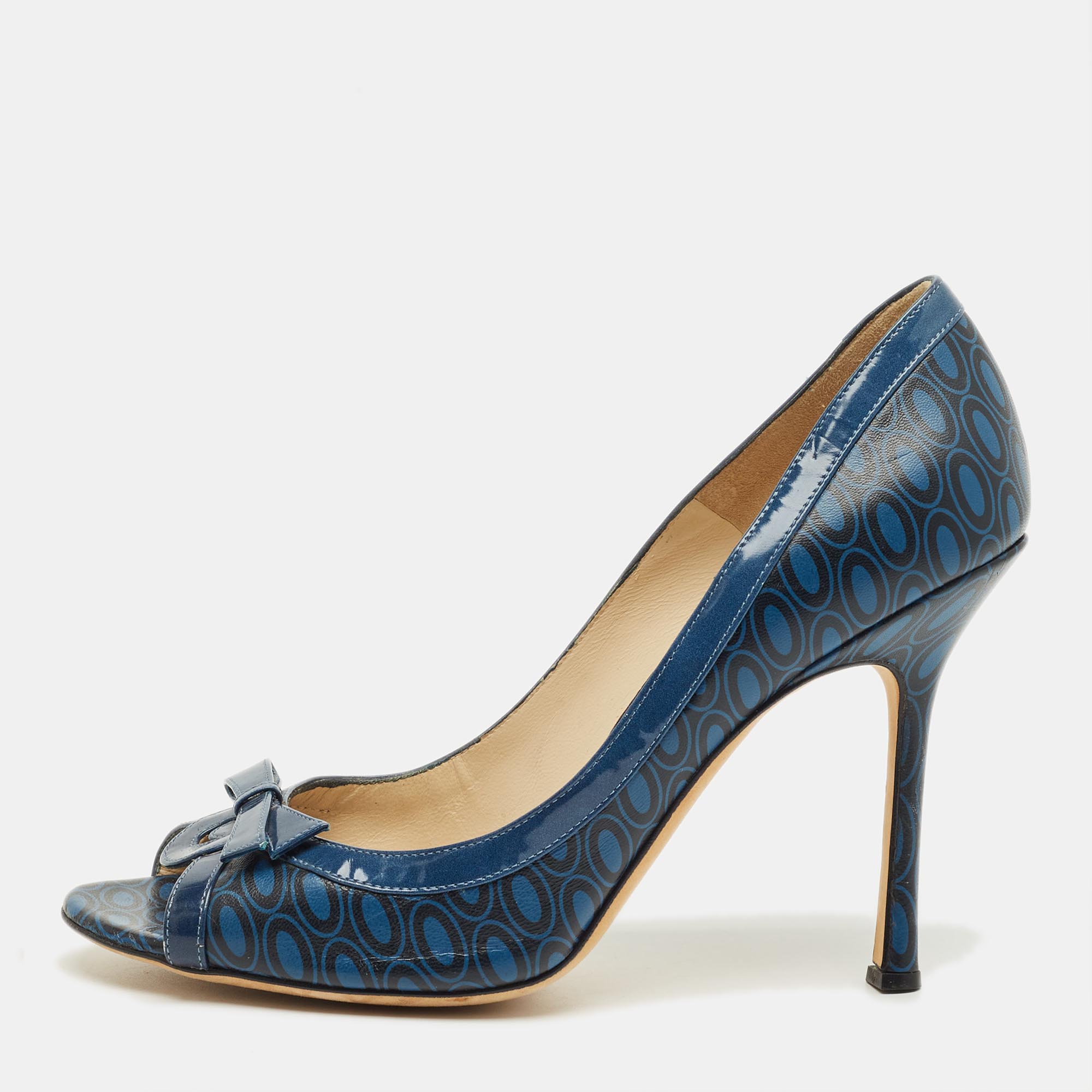 

Jimmy Choo Blue Printed Leather and Patent Peep Toe Pumps Size 40.5