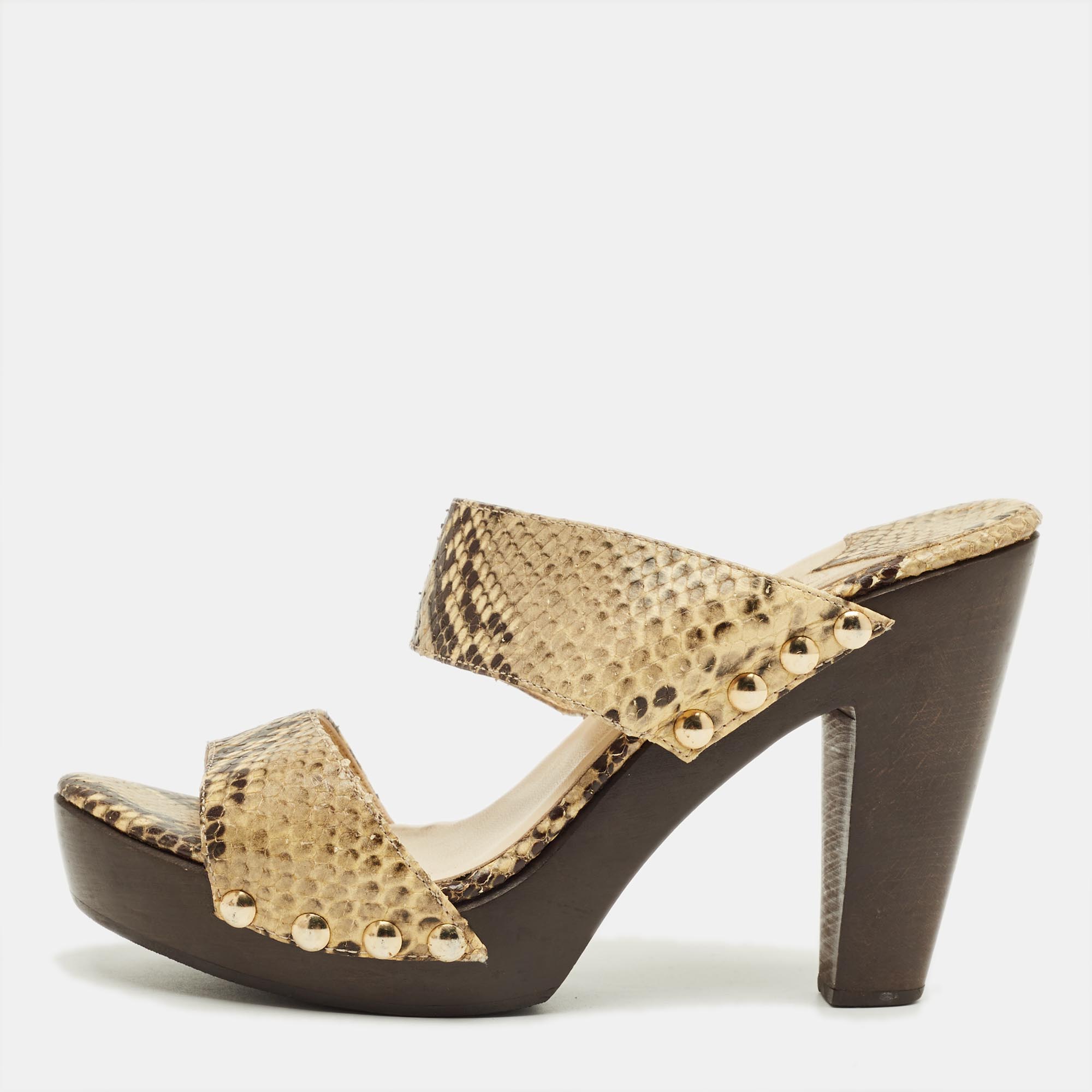 Pre-owned Jimmy Choo Beige/brown Snakeskin Embossed Leather Wooden Platform Sandals Size 40