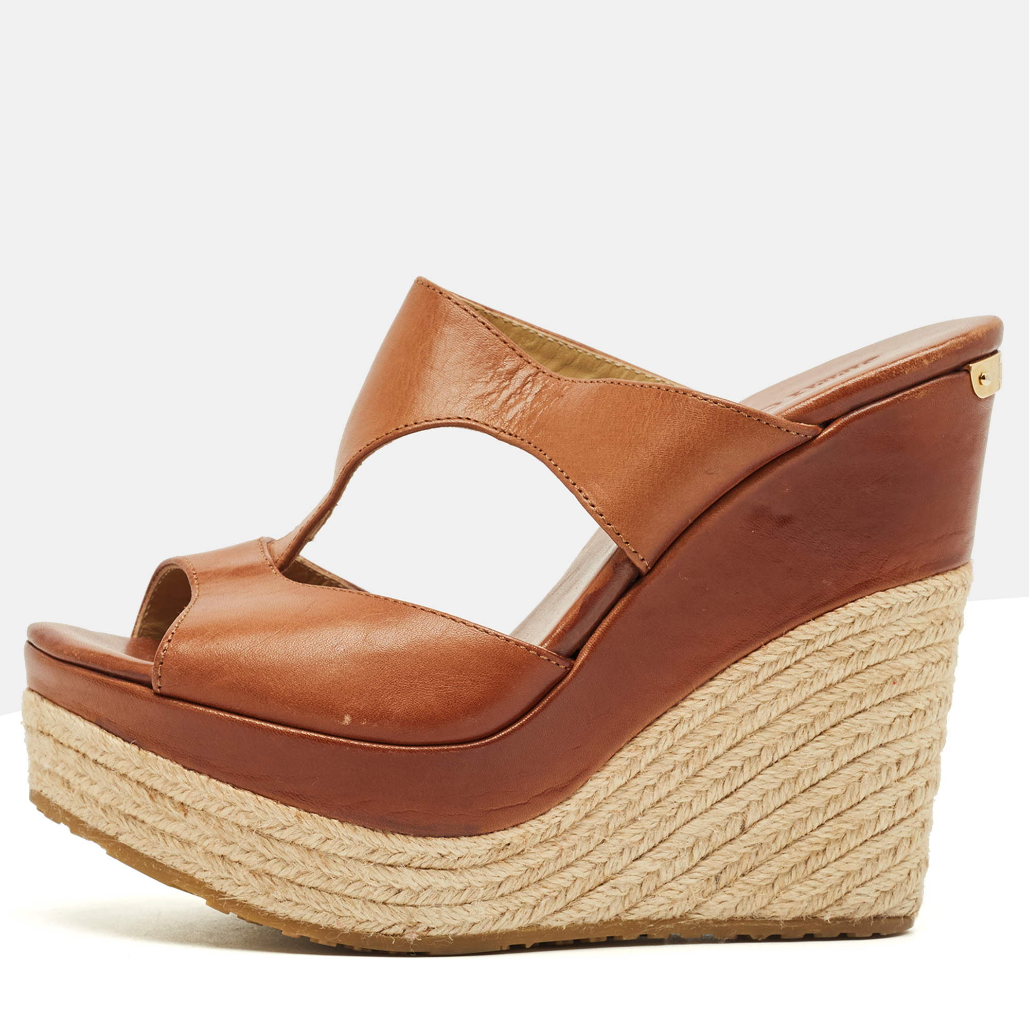 Pre-owned Jimmy Choo Brown Leather Platform Wedge Espadrille Sandals Size 36.5