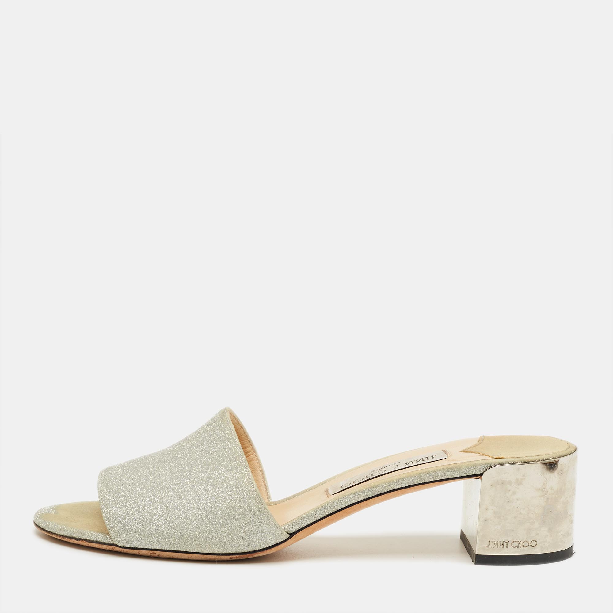 Pre-owned Jimmy Choo Silver Glitter Joni Slide Sandals Size 40