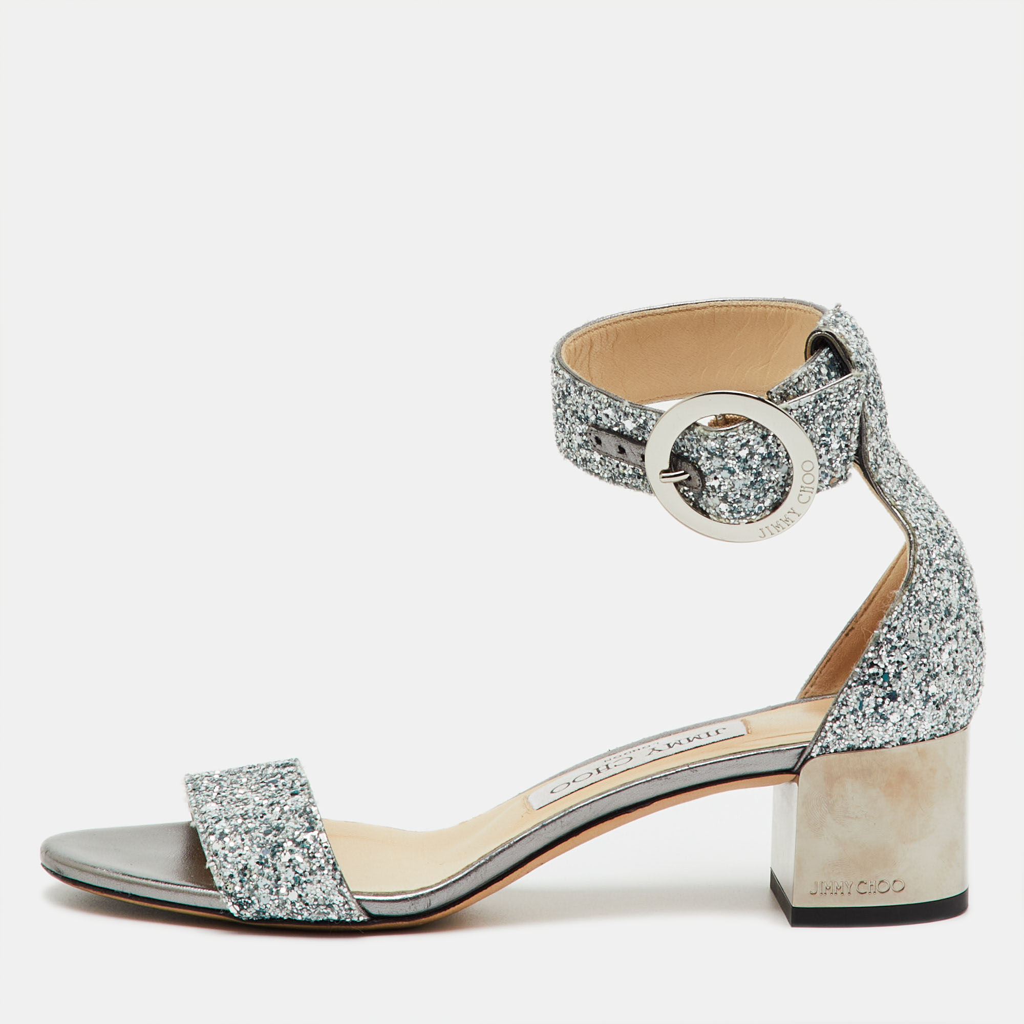 JIMMY CHOO Pre-owned Metallic Silver Glitter Bitter Ankle Strap Sandals Size 36