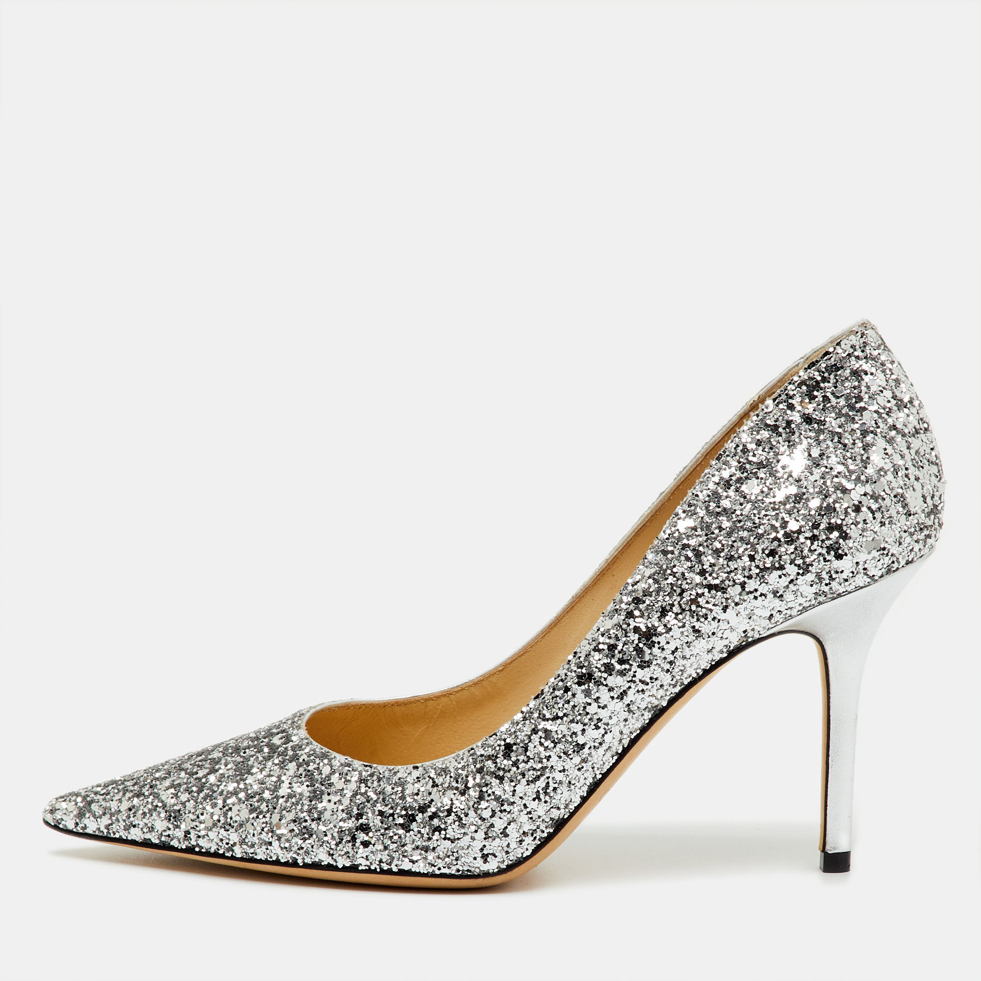 

Jimmy Choo Silver Coarse Glitter Romy Pointed Toe Pumps Size