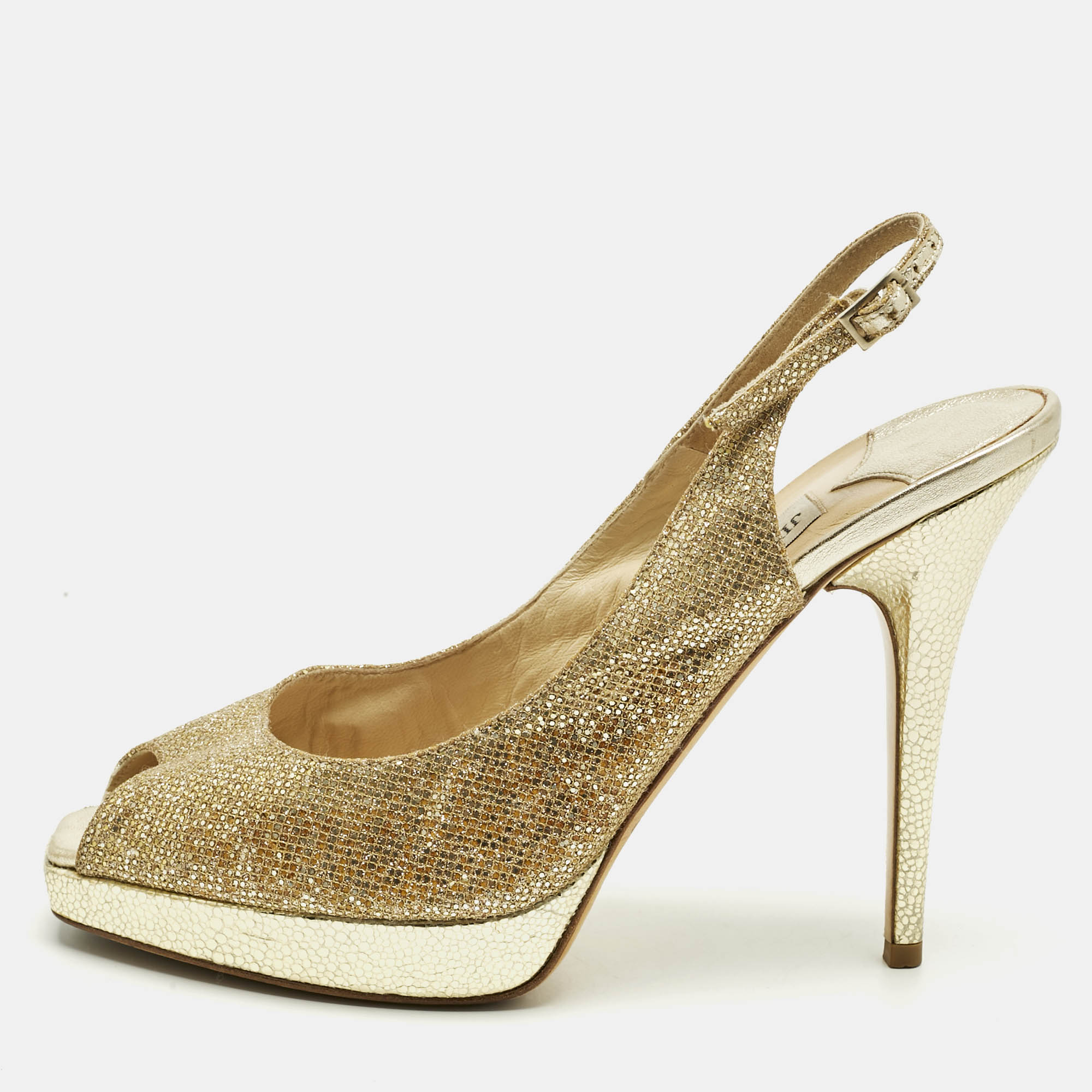 

Jimmy Choo Gold Glitter Verity Peep Toe Slingback Pumps Size