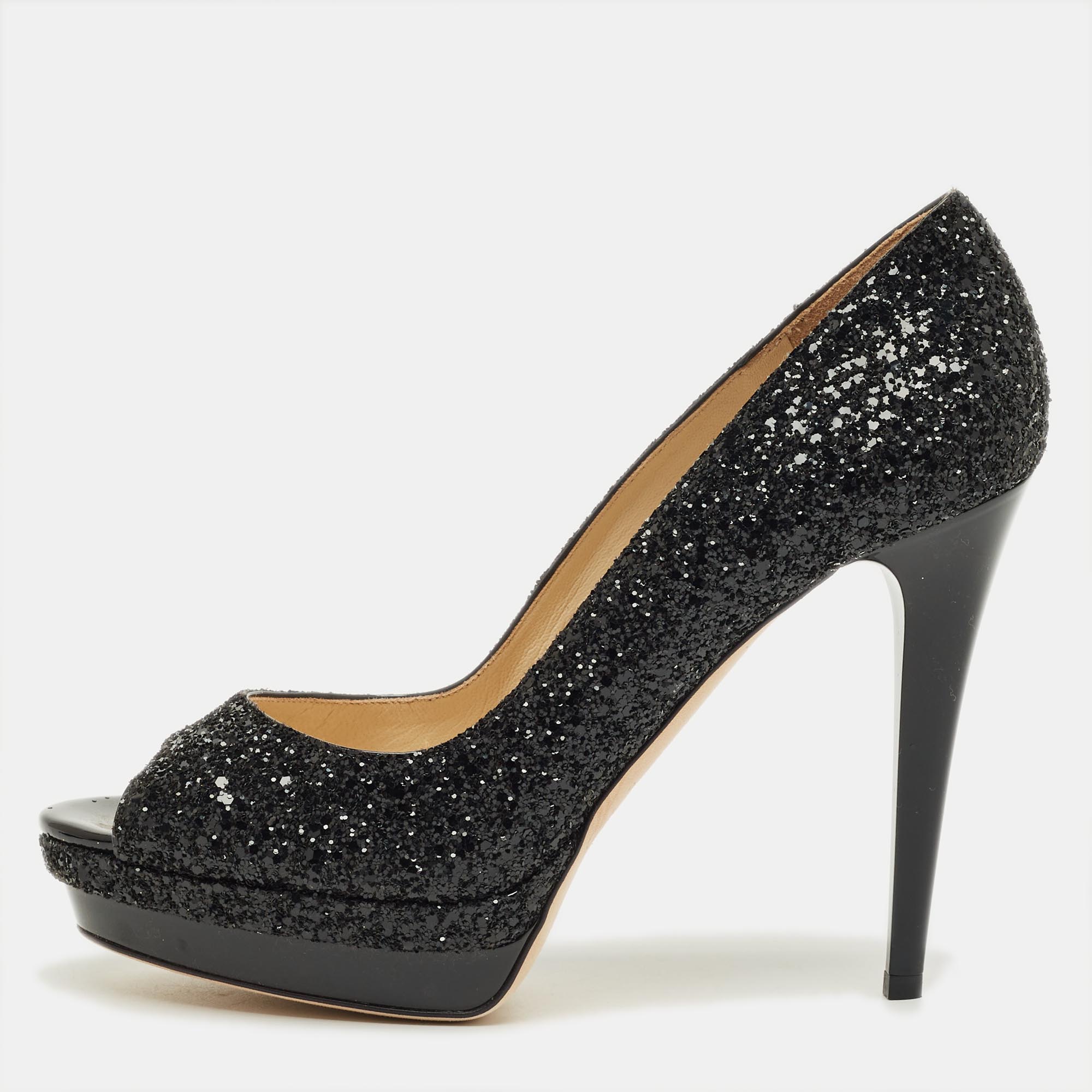 JIMMY CHOO Pre-owned Black Glitter Luna Platform Open Toe Pumps Size 40