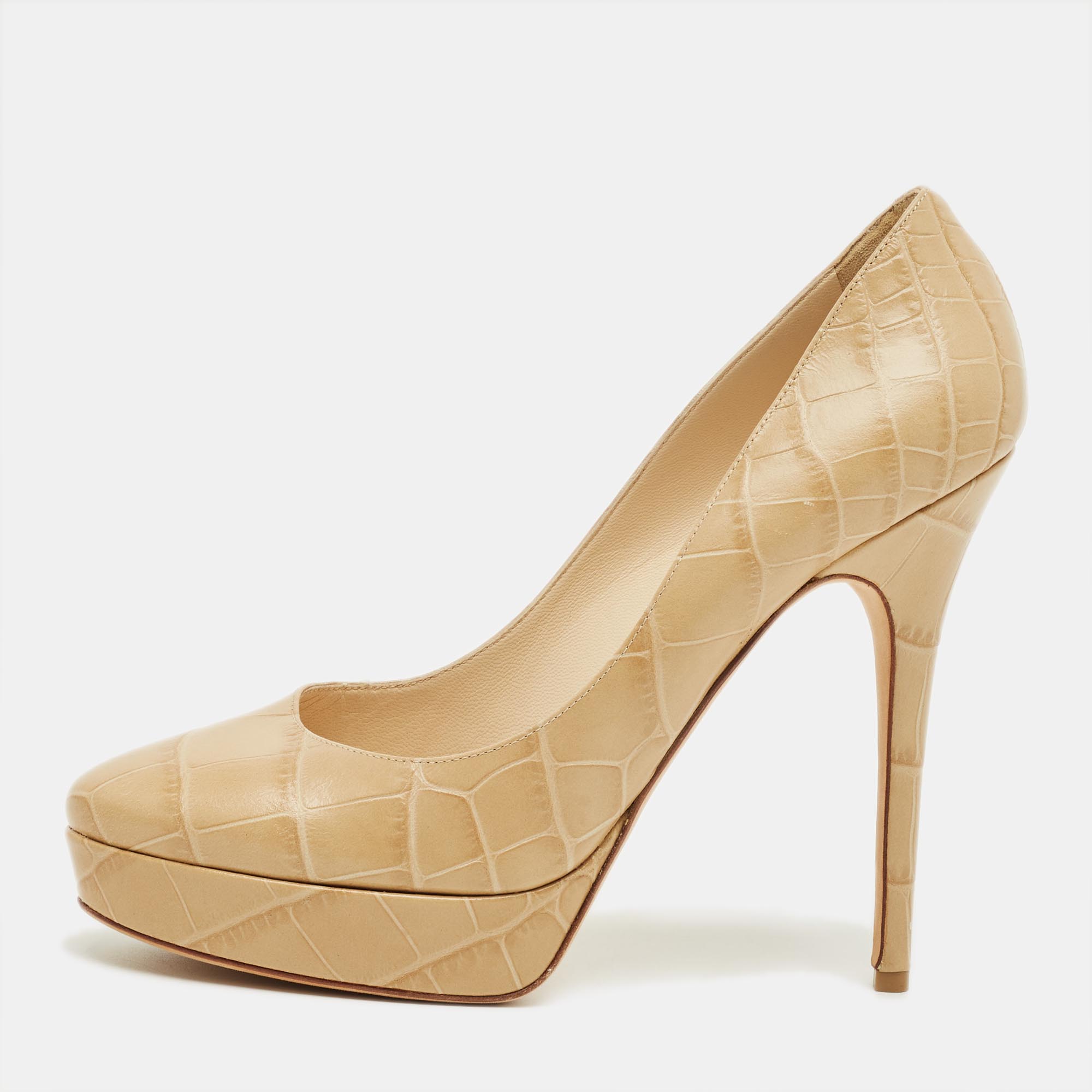 Pre-owned Jimmy Choo Beige Croc Embossed Leather Cosmic Platform Pumps Size 40 In Sand
