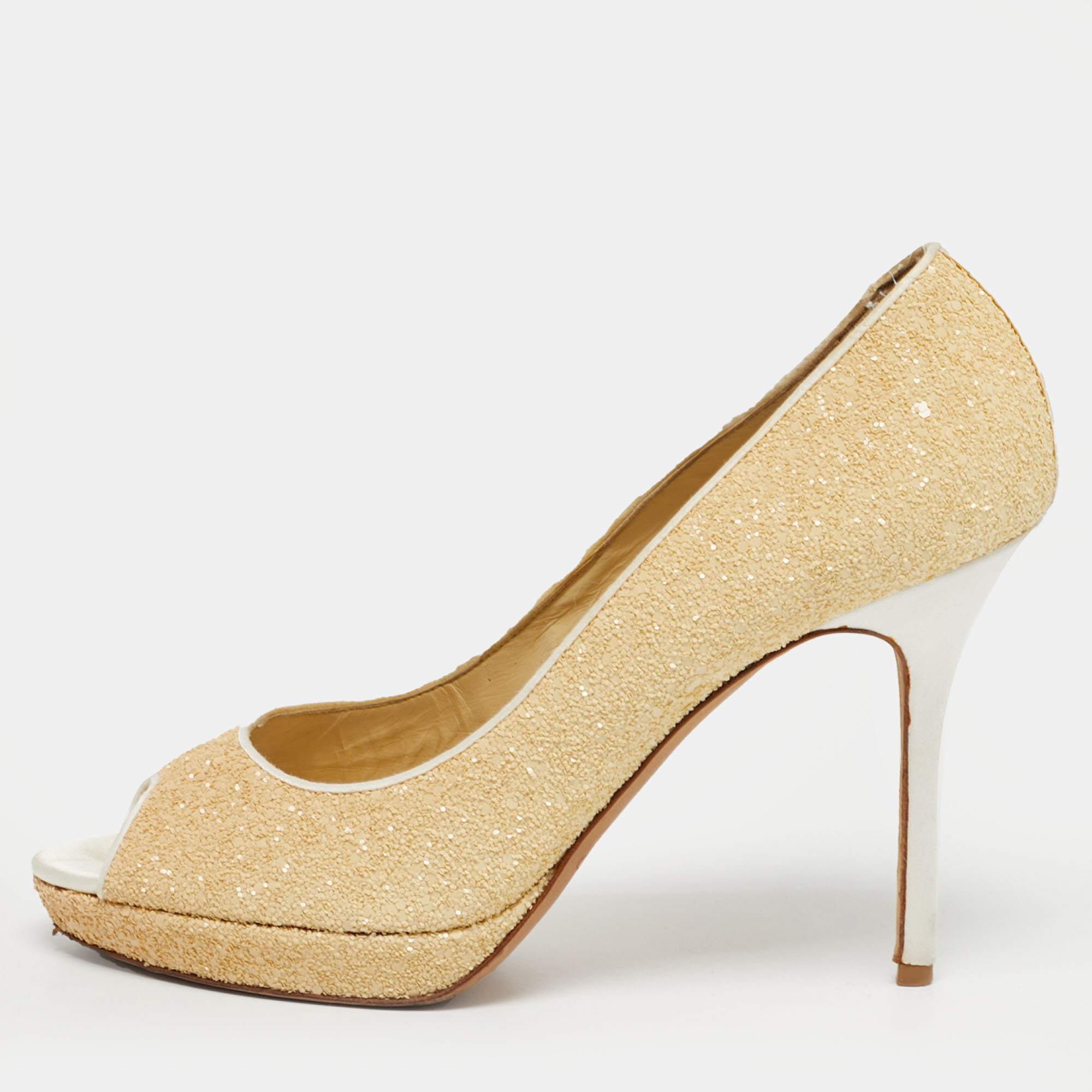 

Jimmy Choo Beige Glitter Dahlia Peep Toe Pumps Size