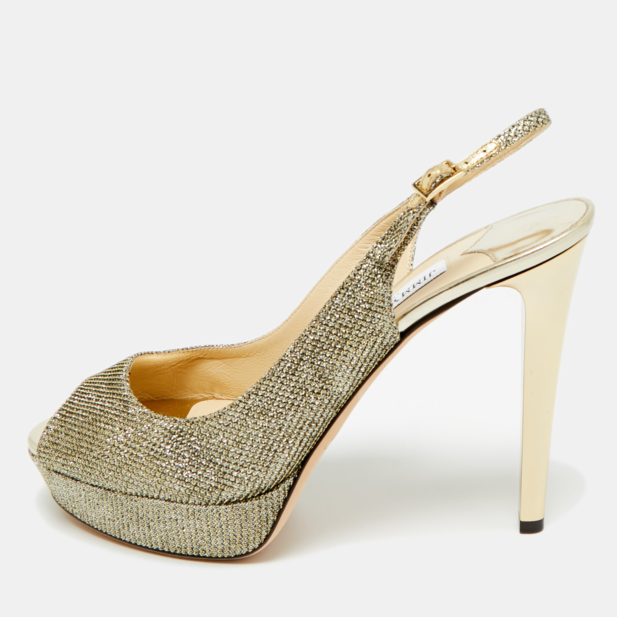 

Jimmy Choo Gold Glitter Accents Peep Toe Slingback Pumps Size