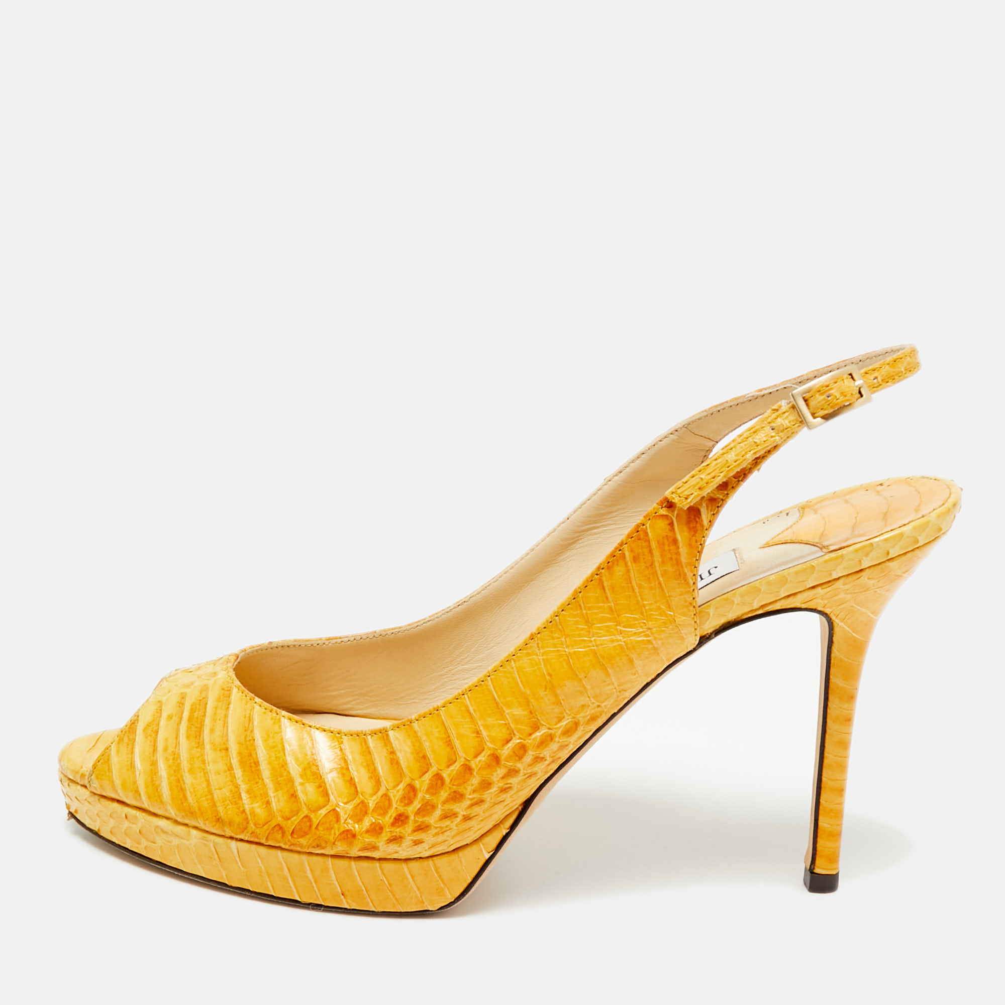 JIMMY CHOO Pre-owned Yellow Python Leather Peep Toe Slingback Pumps Size 40