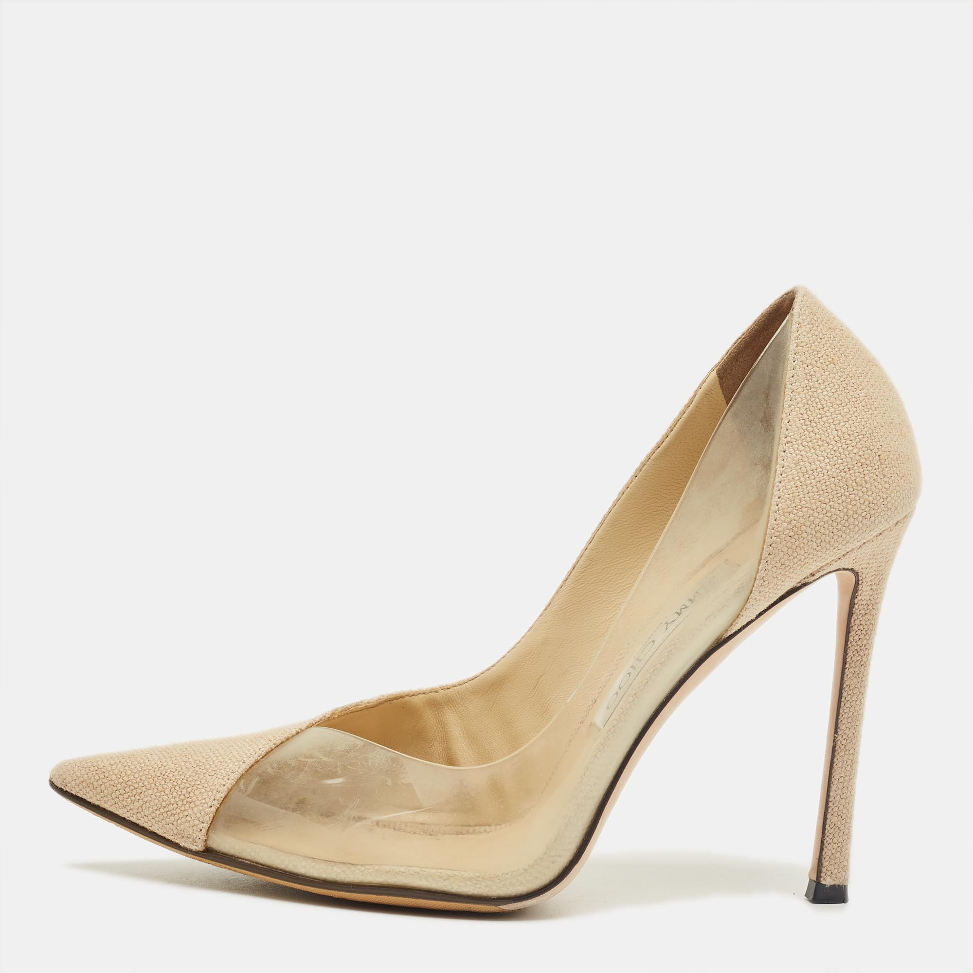 Pre-owned Jimmy Choo Beige Linen And Pvc Cass Pointed Toe Pumps Size 37 In Sand