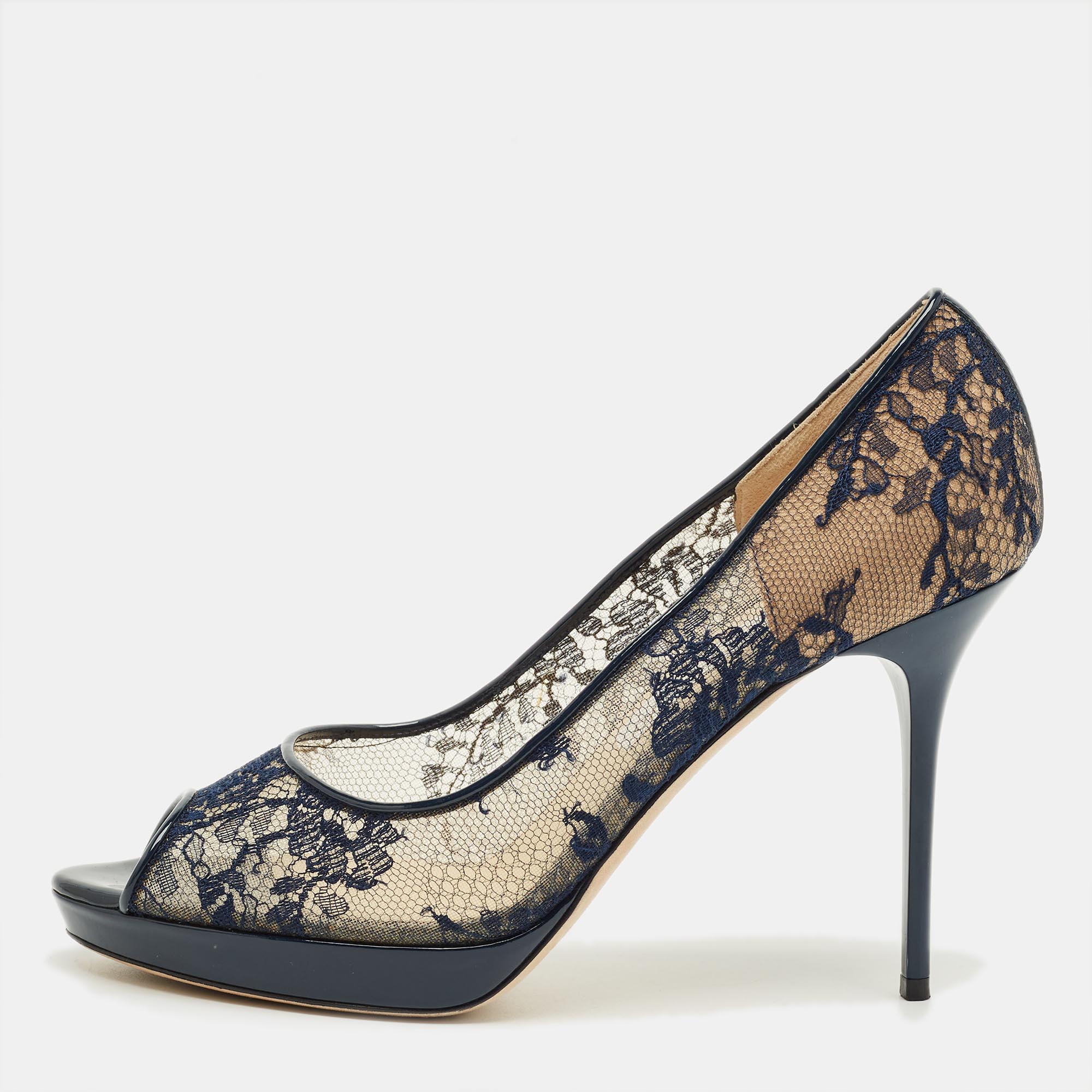 Pre-owned Jimmy Choo Navy Blue Lace And Patent Leather Luna Peep Toe Pumps Size 40