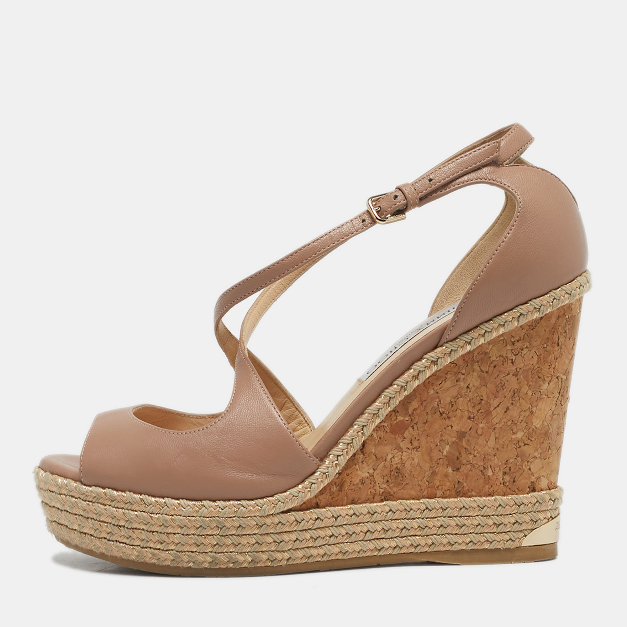 

Jimmy Choo Pink Leather Crisscross Strap Cork Wedge Sandals Size