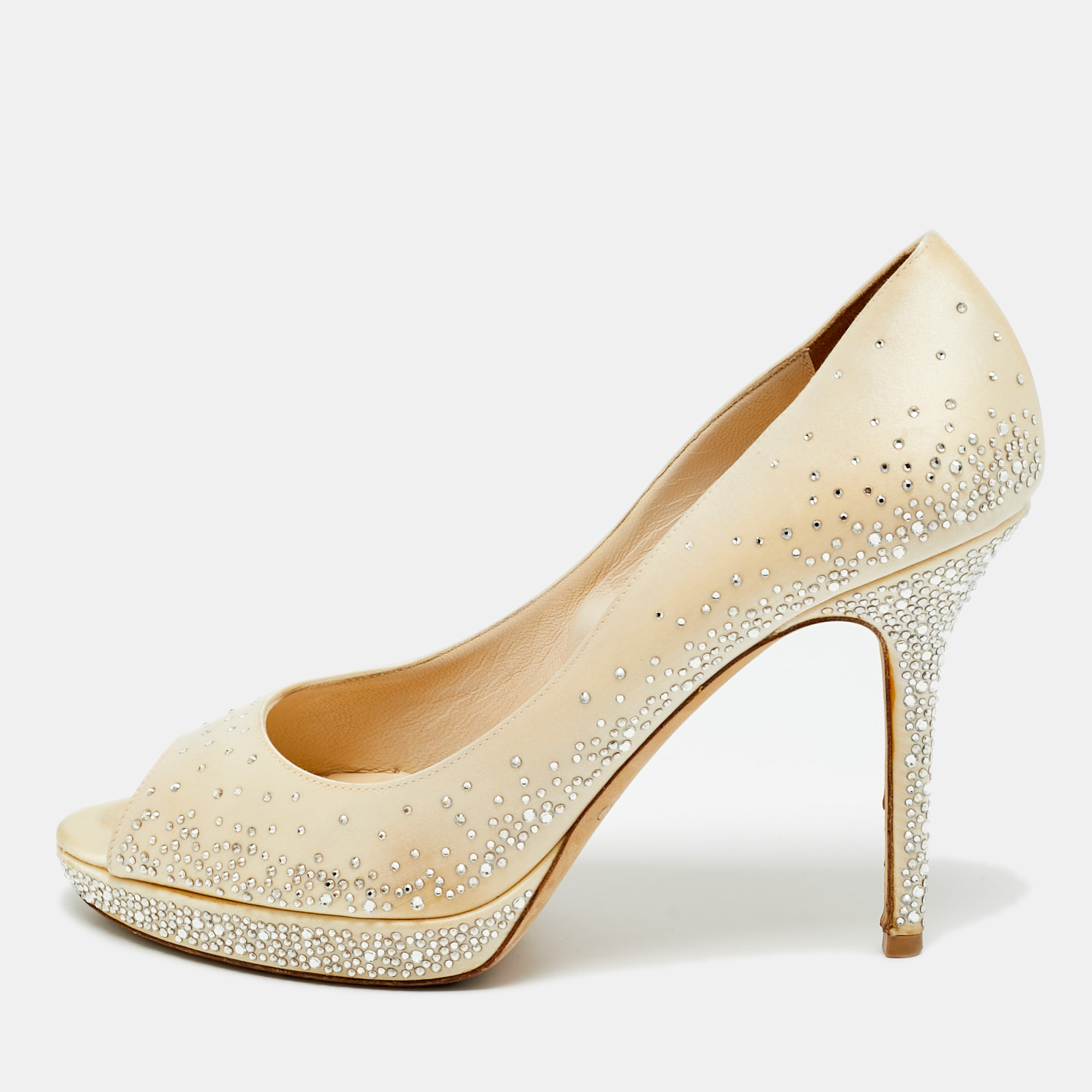 

Jimmy Choo Beige Satin Crystal Embellished Peep Toe Pumps Size