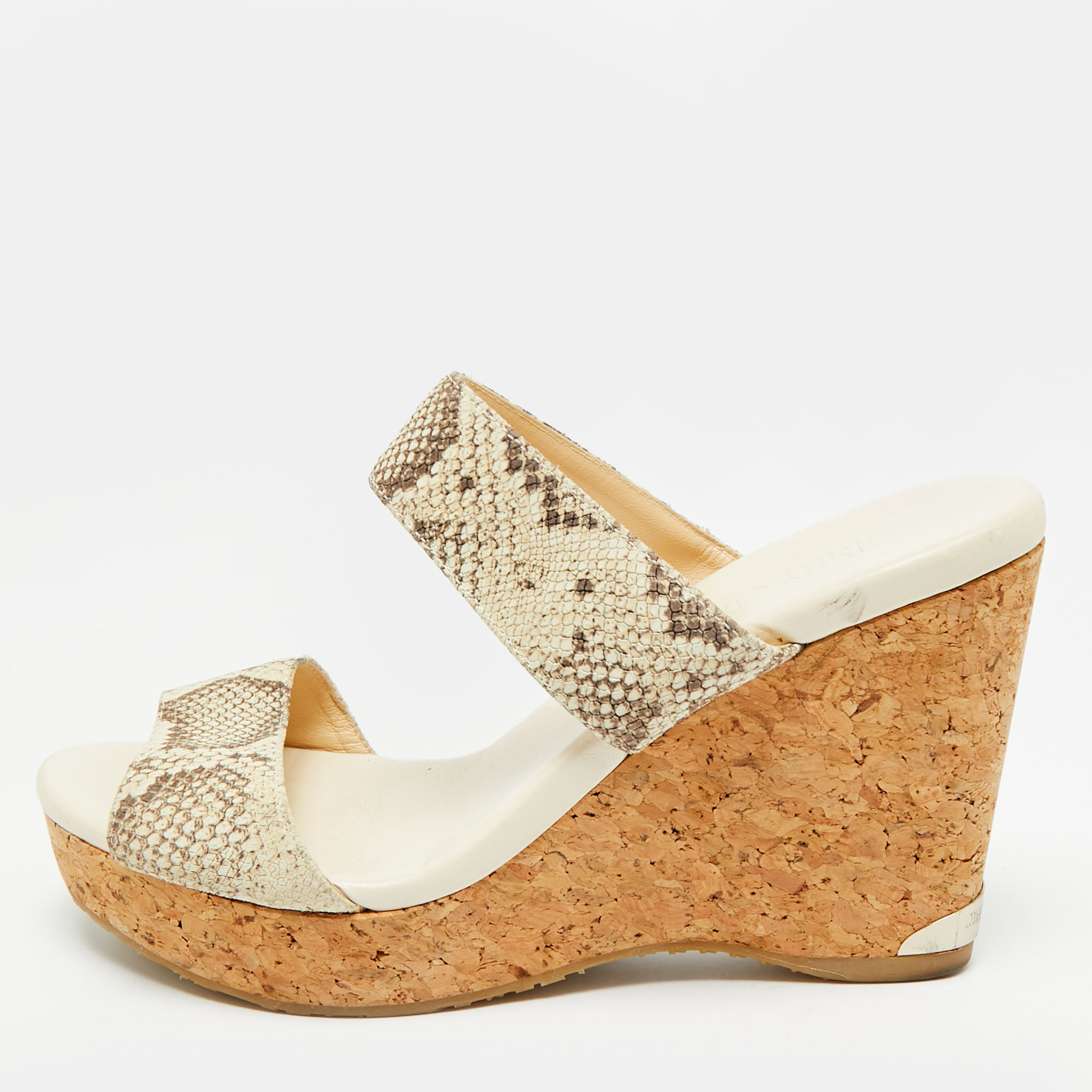 Pre-owned Jimmy Choo Off White/grey Snakeskin Embossed Leather Cork Platform Wedge Sandals Size 39