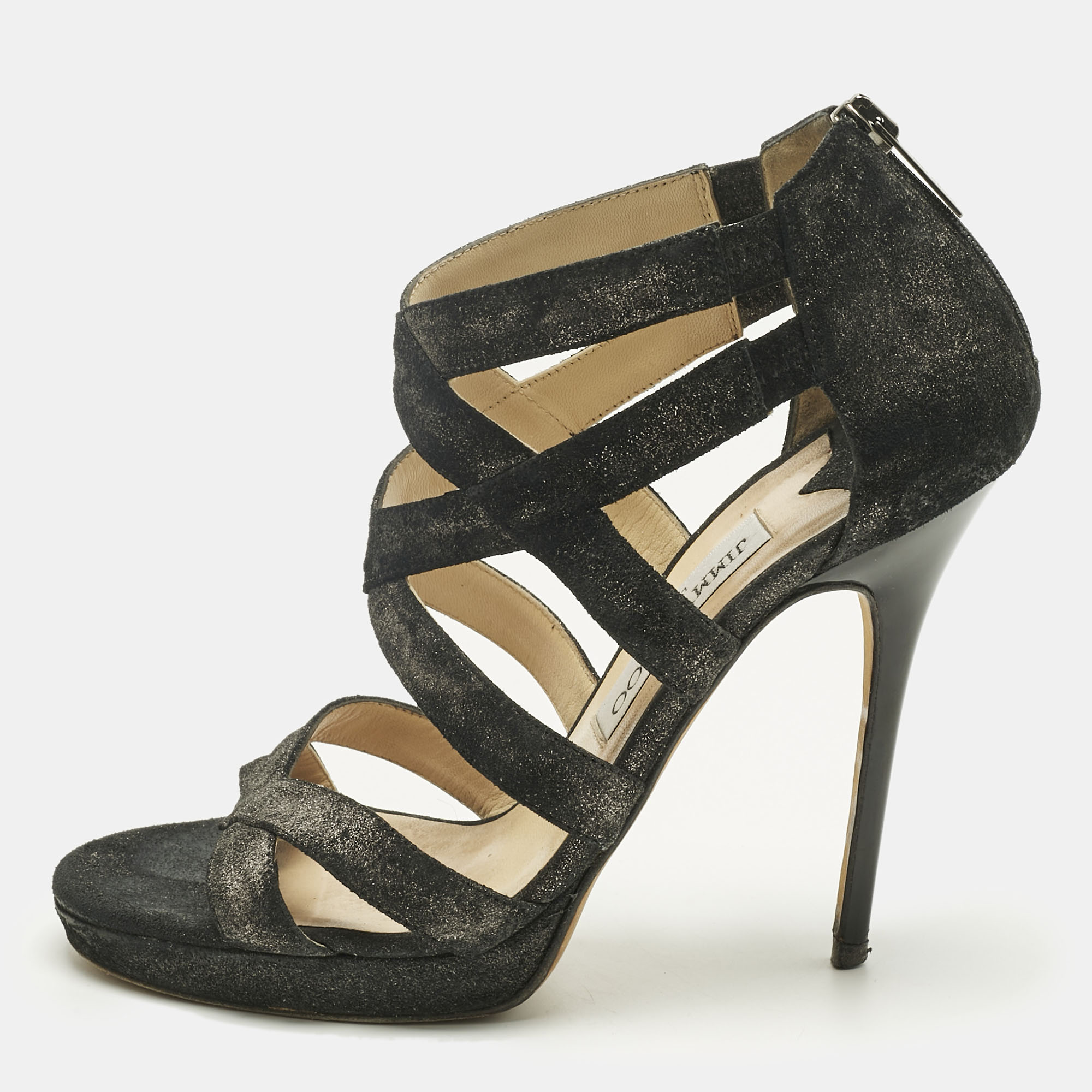 Pre-owned Jimmy Choo Black Suede Strappy Sandals Size 37.5