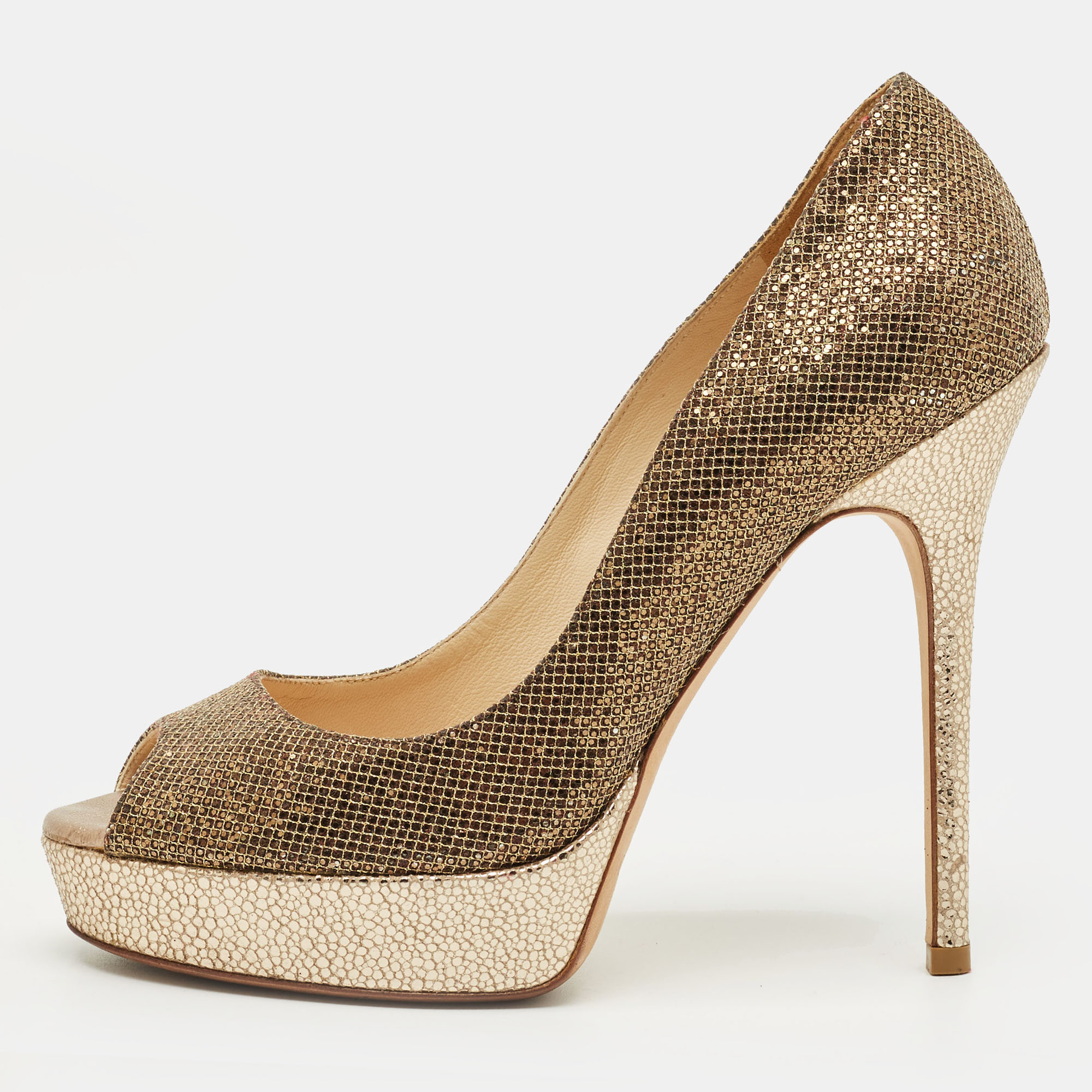 Pre-owned Jimmy Choo Gold Leather And Lurex Fabric Dahlia Platform Peep Toe Pumps Size 36.5