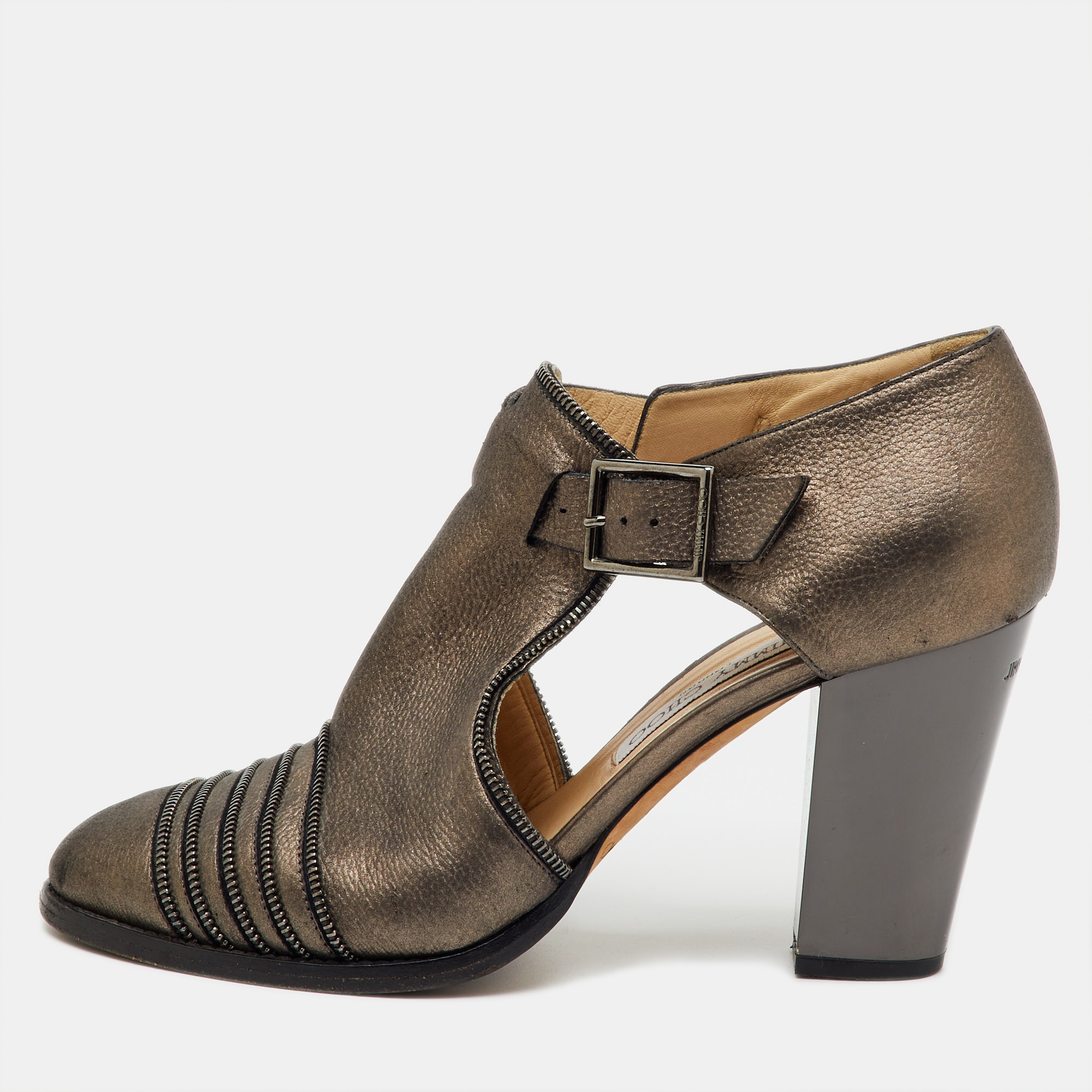 Pre-owned Jimmy Choo Grey Leather Zip Detail Block Heel Pumps Size 39.5 In Gray