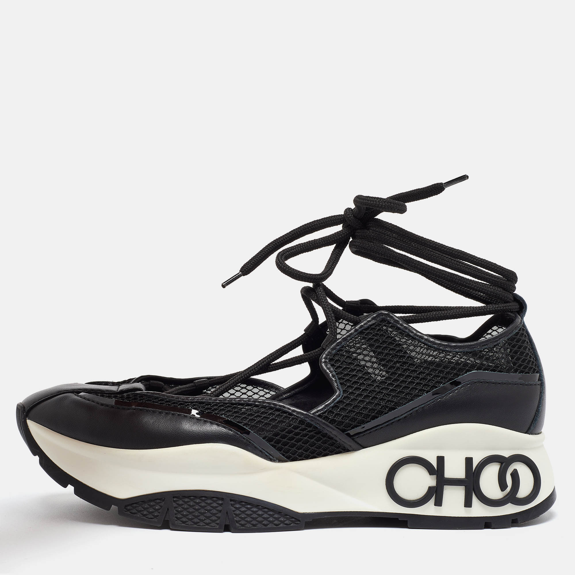 JIMMY CHOO Pre-owned Size 40 Black Leather Mesh And Patent Leather Lace Up Sneakers