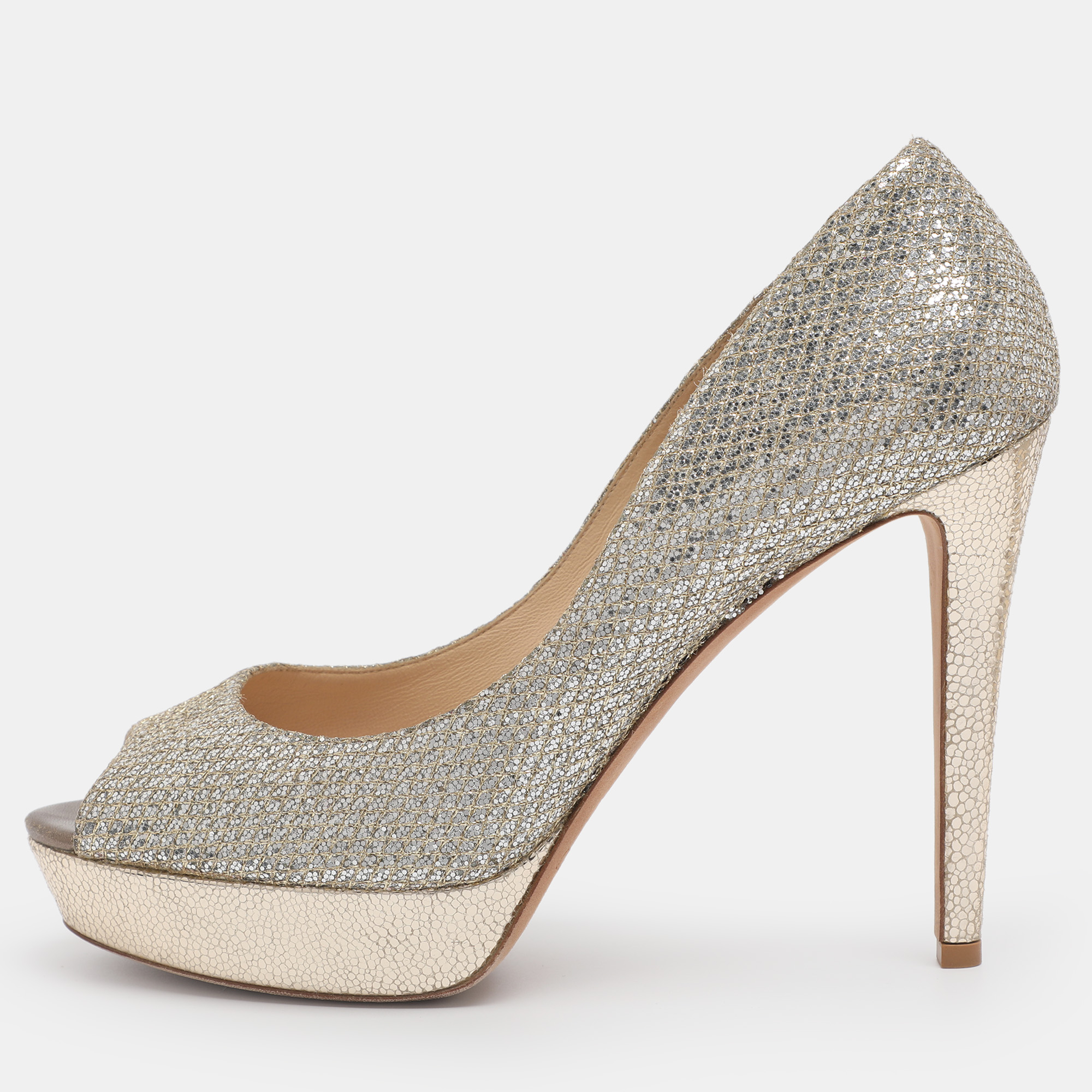 Pre-owned Jimmy Choo Dahlia Size 41 Silver/gold Glitter And Lurex Fabric Platform Pumps