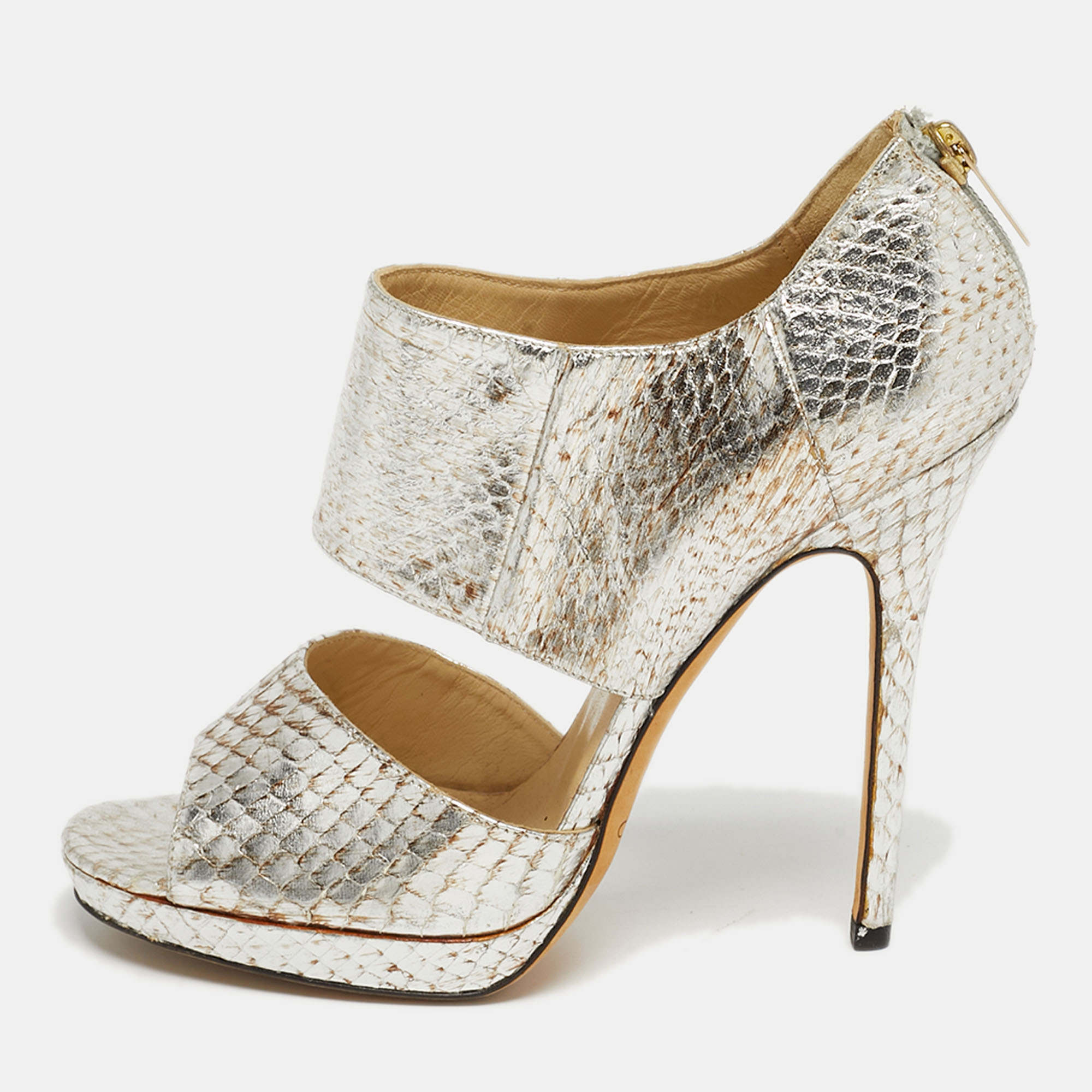 Click to view more detailed imagery on our partner's website Pre-owned Jimmy Choo Private Size 38.5 Metallic Python Embossed Leather Sandals In Silver