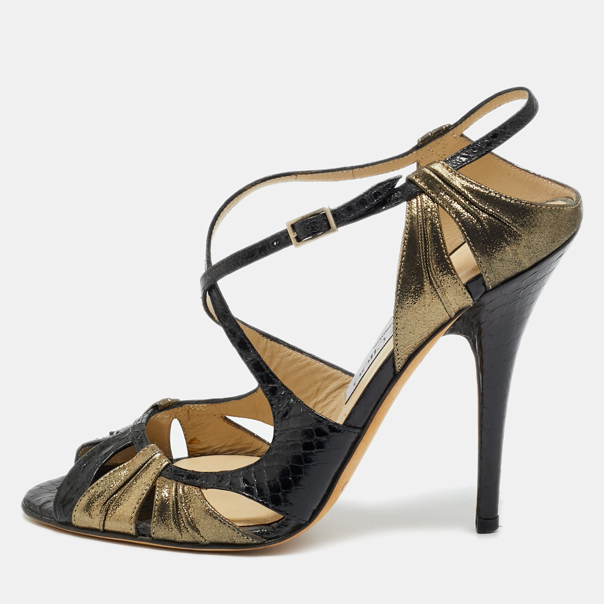 Pre-owned Jimmy Choo Thistle Size 38 Black Gold Leather And Python Leather Ankle Strap Sandals