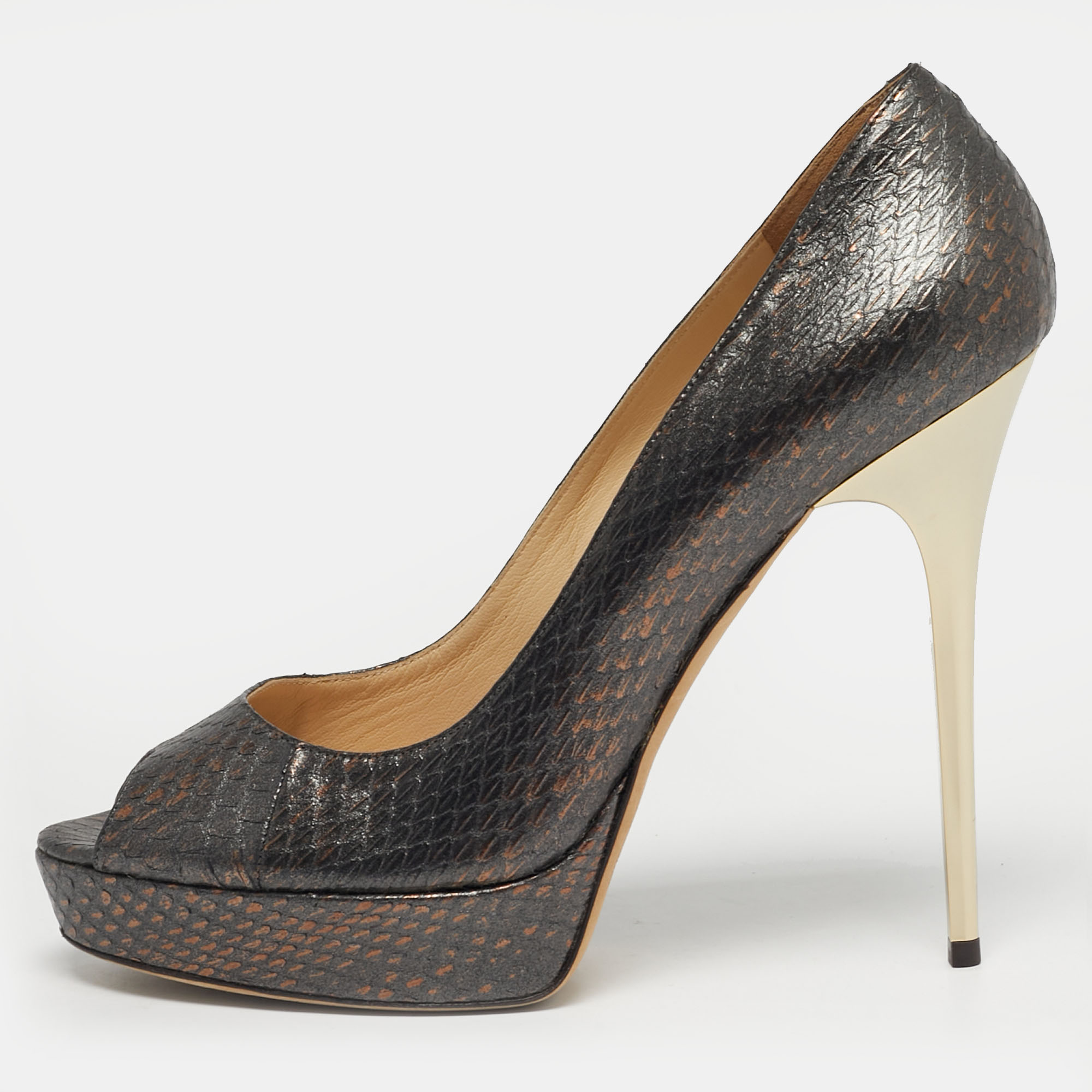 Click to view more detailed imagery on our partner's website Pre-owned Jimmy Choo Size 40 Metallic Grey Python Embossed Leather Platform Peep Toe Pumps In Gray