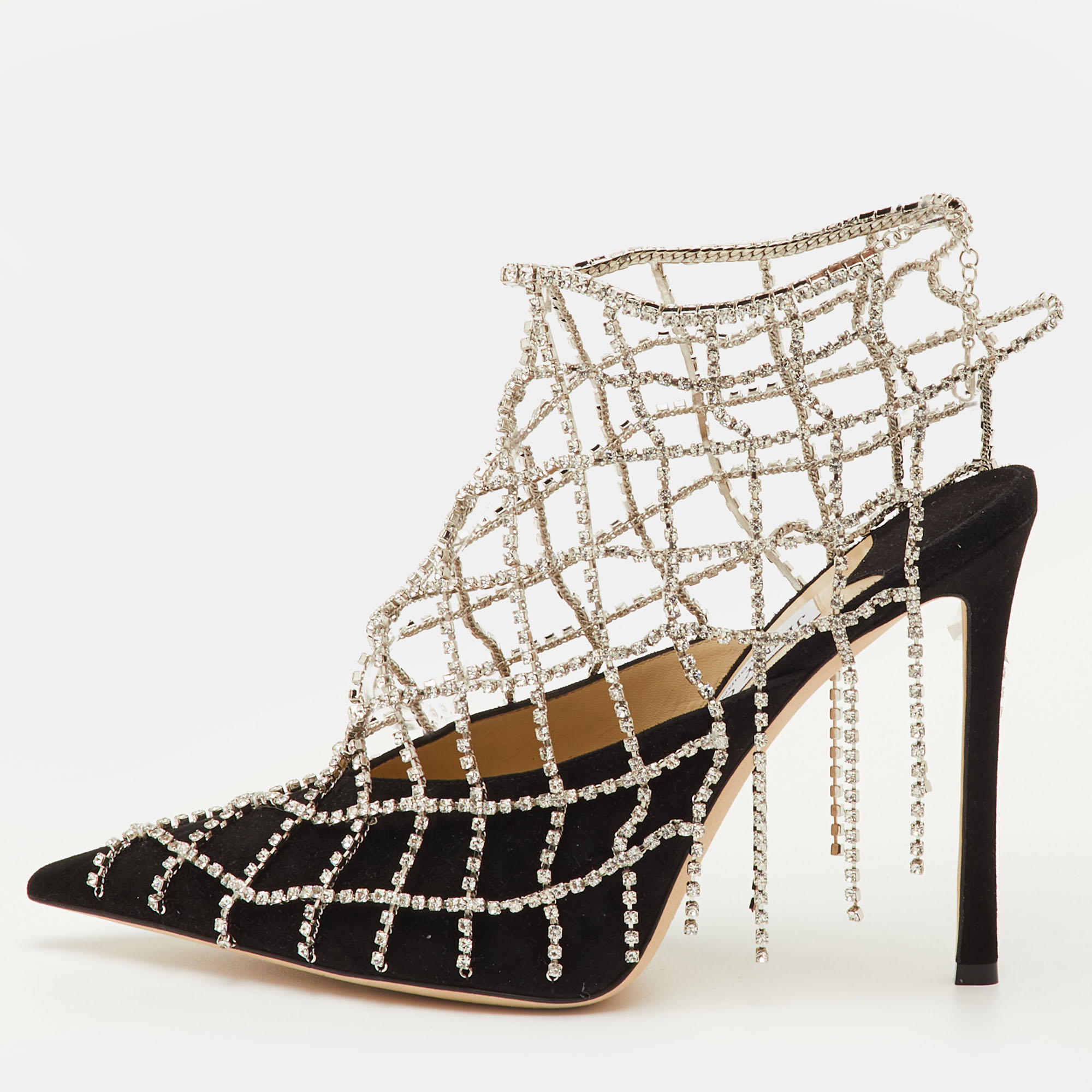 Pre-owned Jimmy Choo Scotty Size 40.5 Black Suede Pointed Toe Crystal Chains Pumps