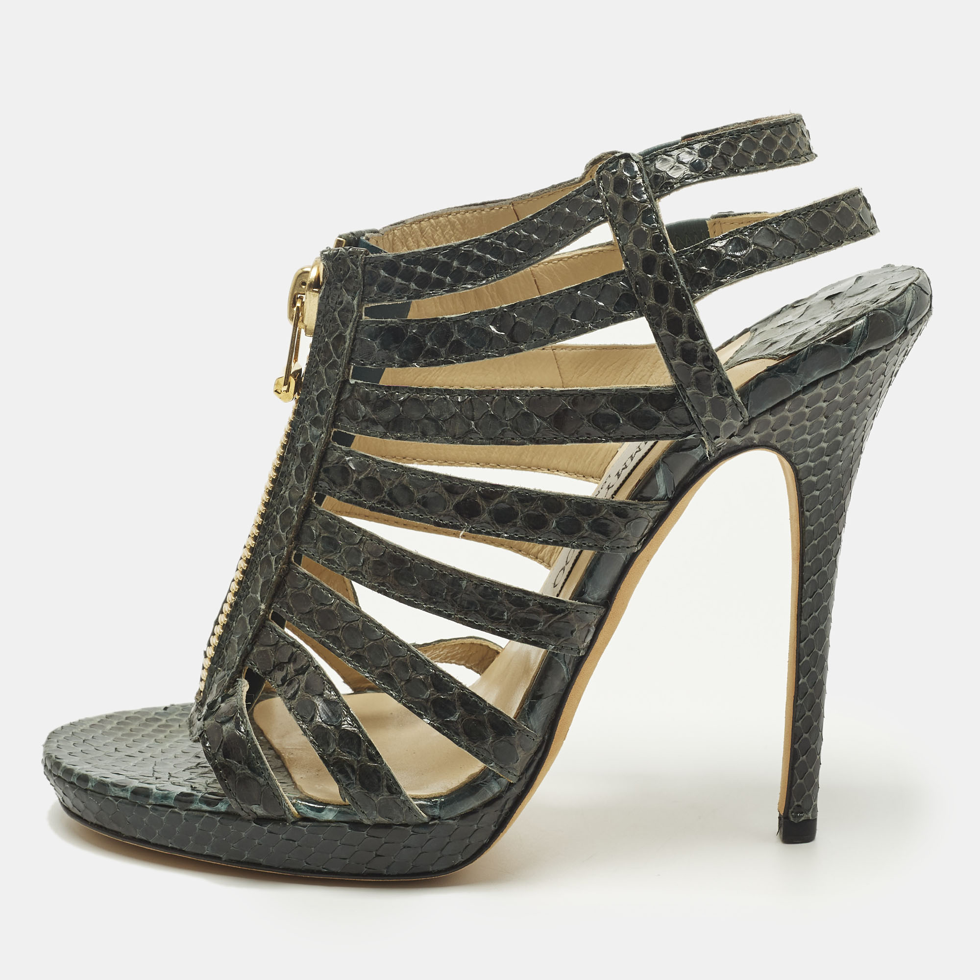 Pre-owned Jimmy Choo Size 38.5 Green Python Leather Strappy Sandals