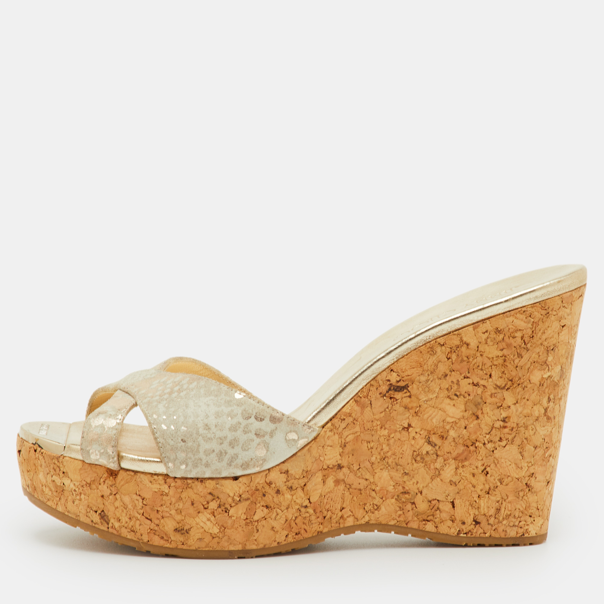 Pre-owned Jimmy Choo Prima Size 38 Beige Python Embossed Leather Wedge Sandals