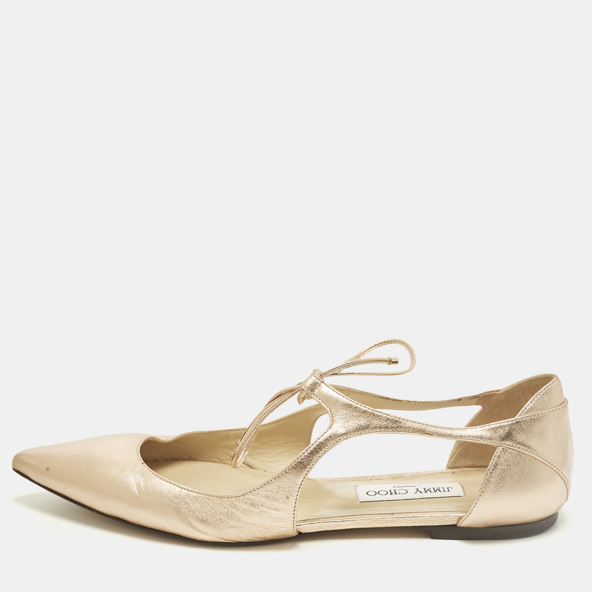 Pre-owned Jimmy Choo Vanessa Size 42 Gold Leather Ankle Tie Ballet Flats