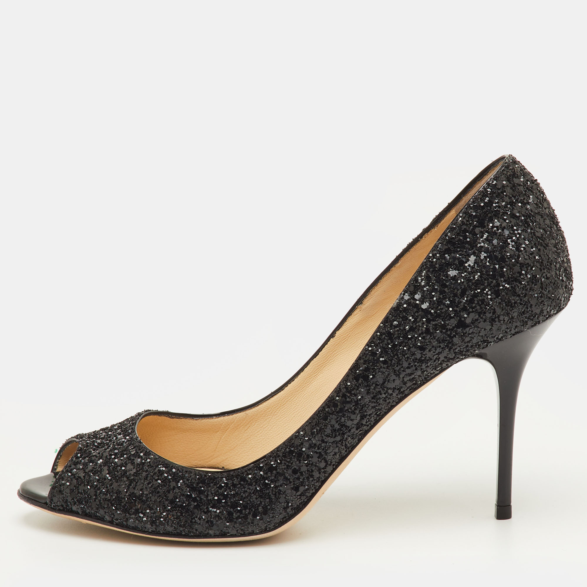 Click to view more detailed imagery on our partner's website Pre-owned Jimmy Choo Evelyn Size 39 Black Glitter Peep Toe Pumps