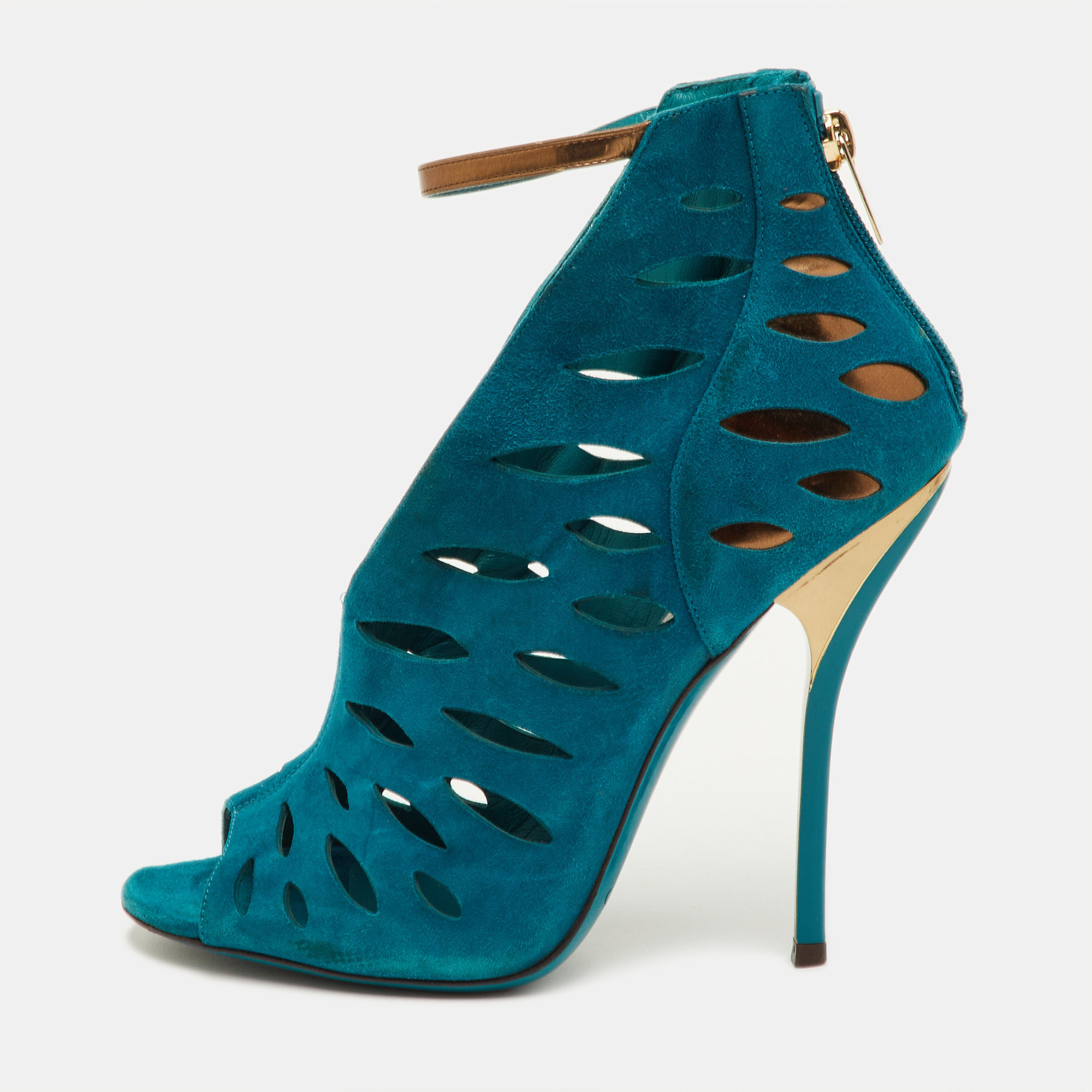 

Jimmy Choo Size  Teal Blue Cutout Suede Tamber Ankle Strap Booties