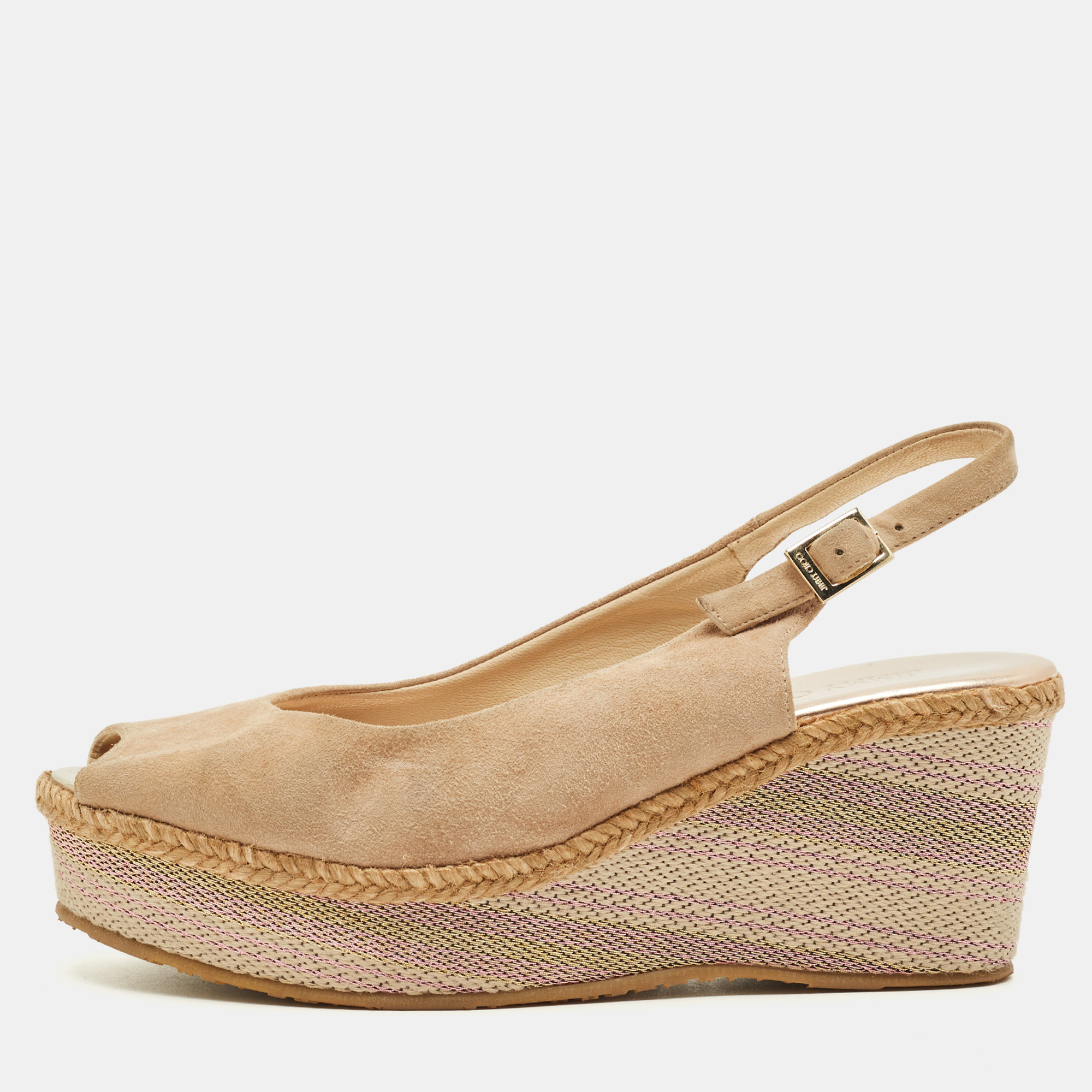 Pre-owned Jimmy Choo Size 38.5 Beige Suede Slingback Wedge Pumps In Sand