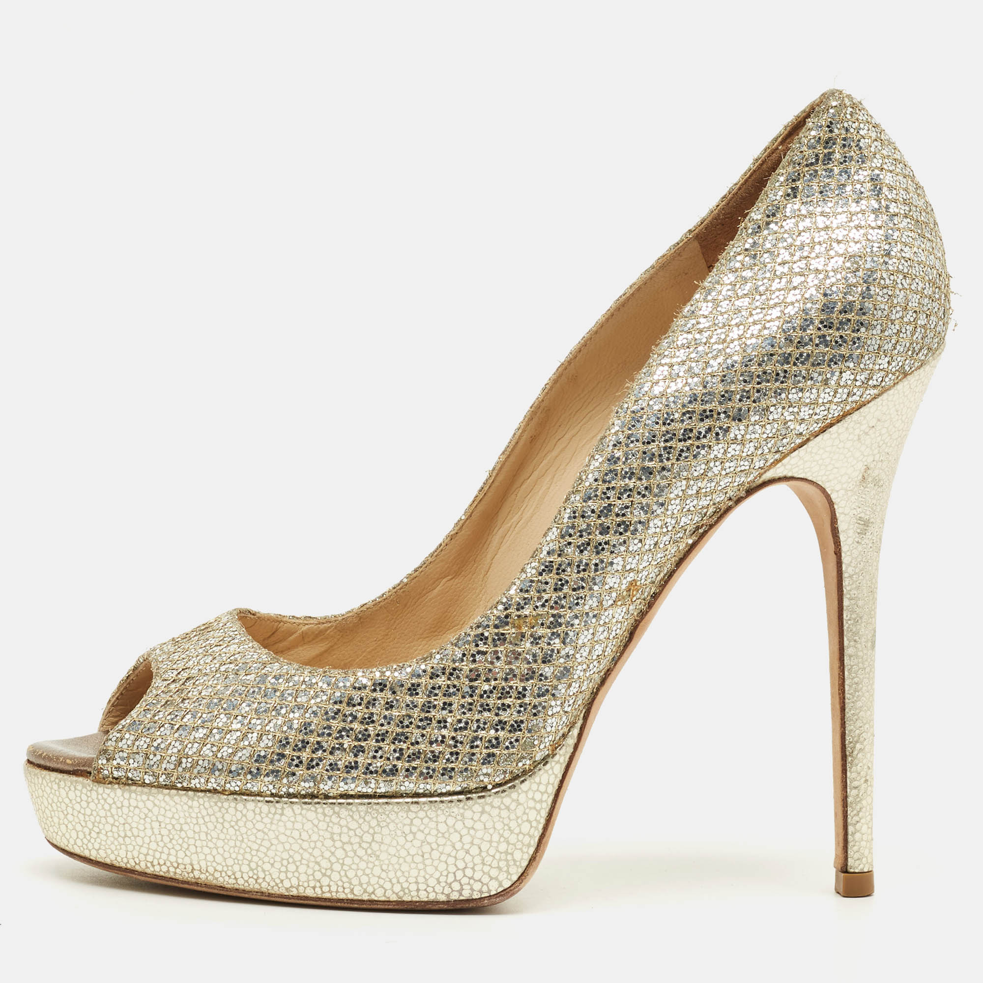 Pre-owned Jimmy Choo Luna Size 39 Silver Glitter And Leather Platform Pumps