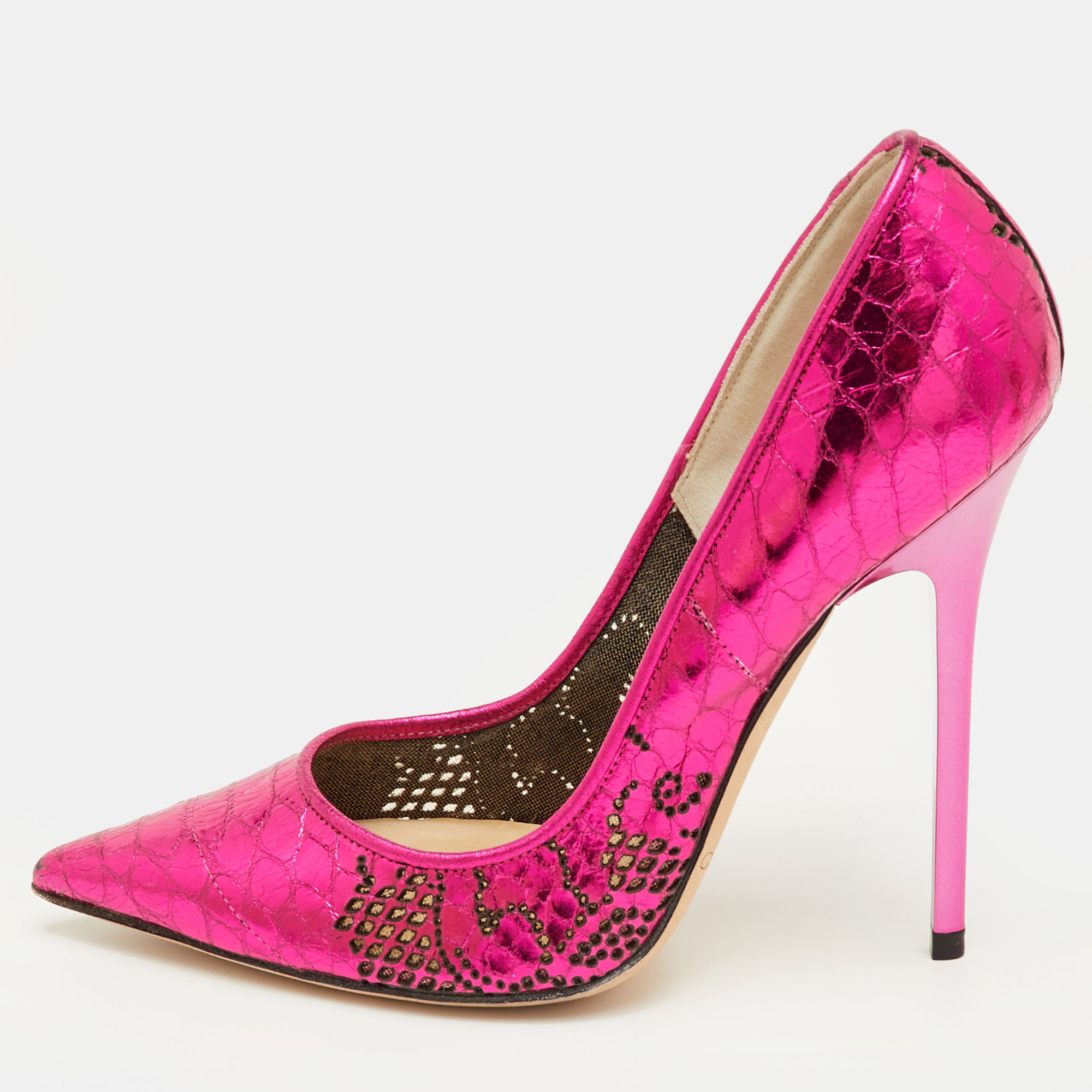 Pre-owned Jimmy Choo Size 34.5 Pink Snakeskin Embossed Patent Leather Pointed Toe Pumps