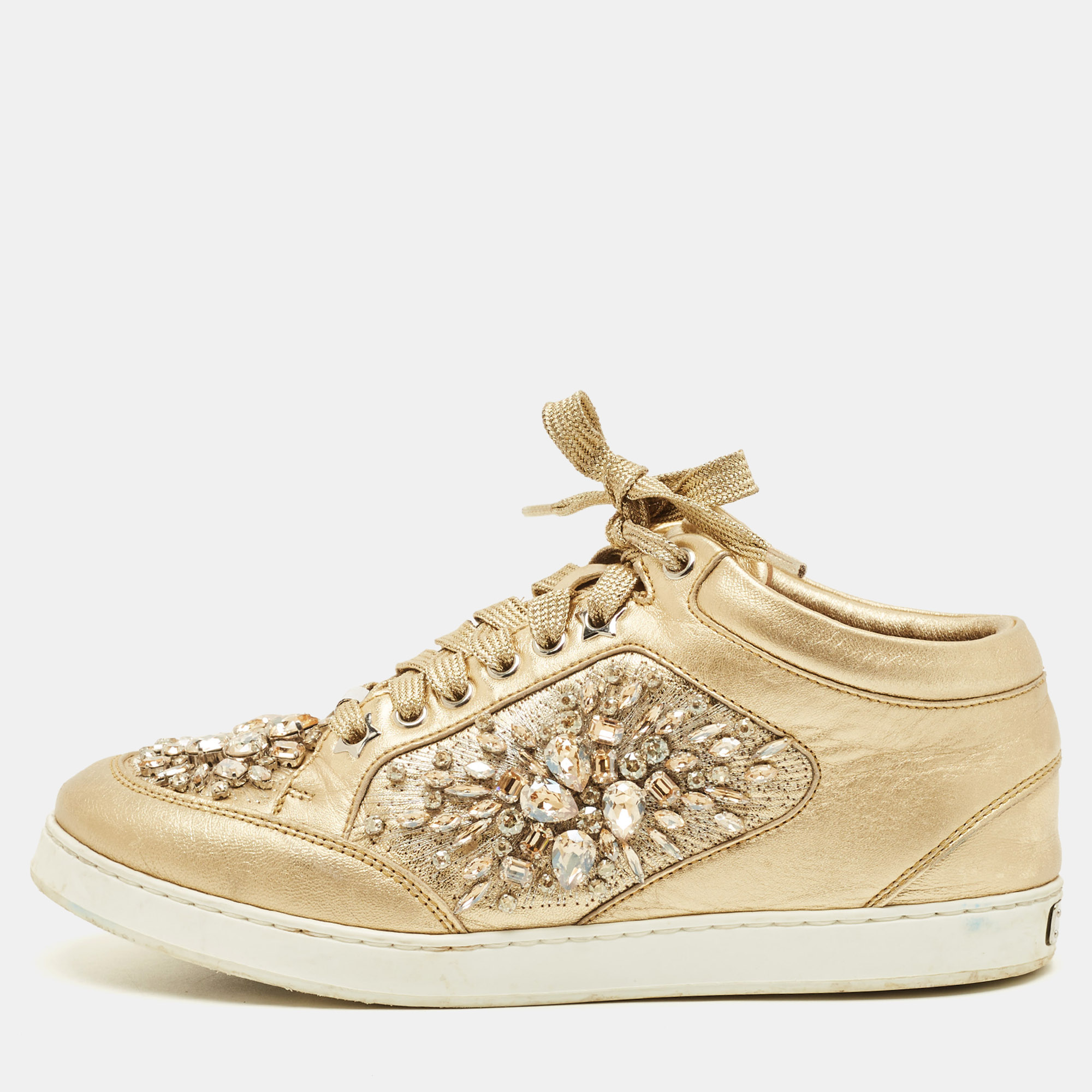

Jimmy Choo Miami Size  Gold Leather Crystal Embellished Lace Up Sneakers