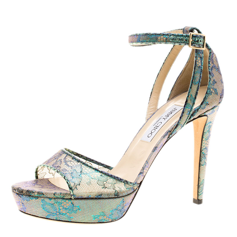 مملوكة مسبقًا Jimmy Choo Holographic Lace Kayden Ankle Strap Platform Sandals Size 37.5