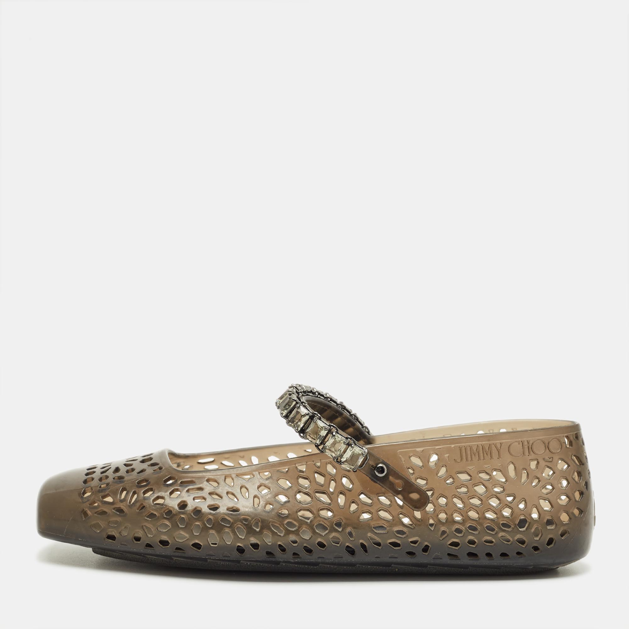 Pre-owned Jimmy Choo Size 38 Black/smoke Jelly Mary-jane Ballet Flats