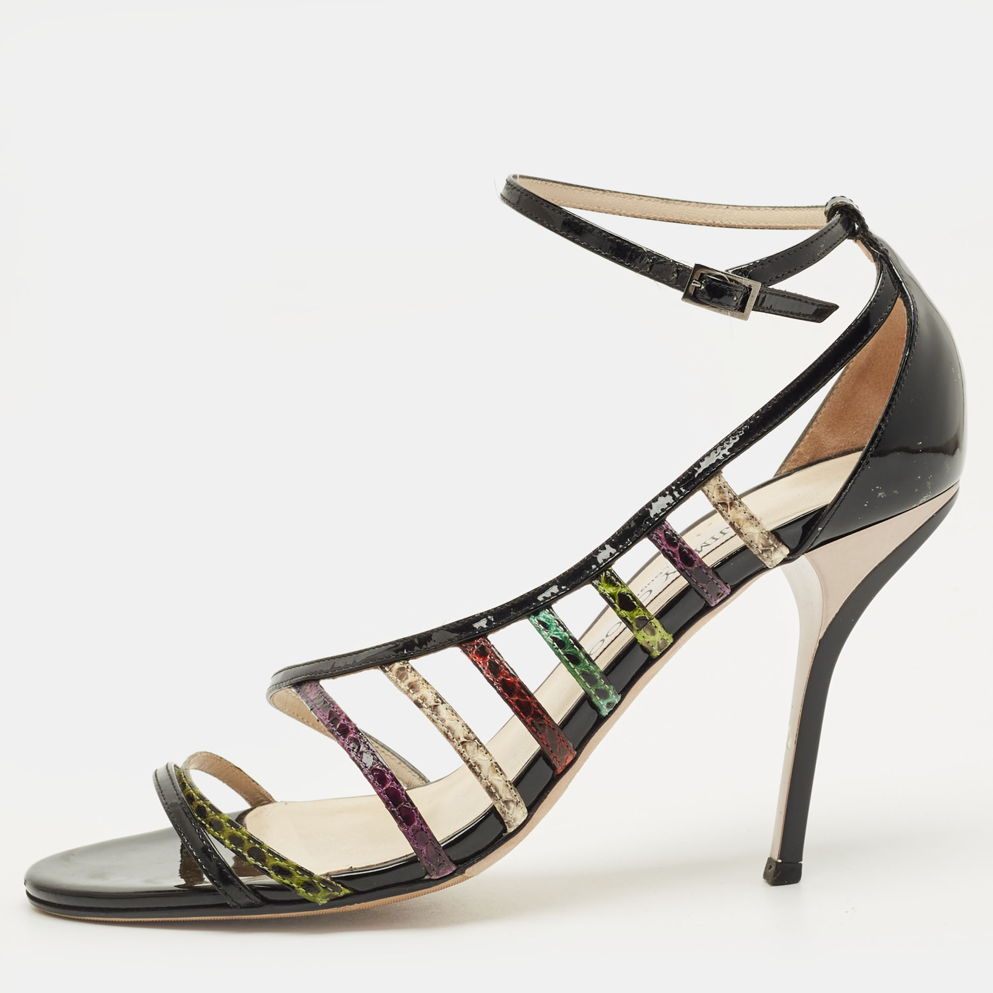 Click to view more detailed imagery on our partner's website Pre-owned Jimmy Choo Size 39.5 Multicolor Patent Leather And Snakeskin Leather Strappy Sandals