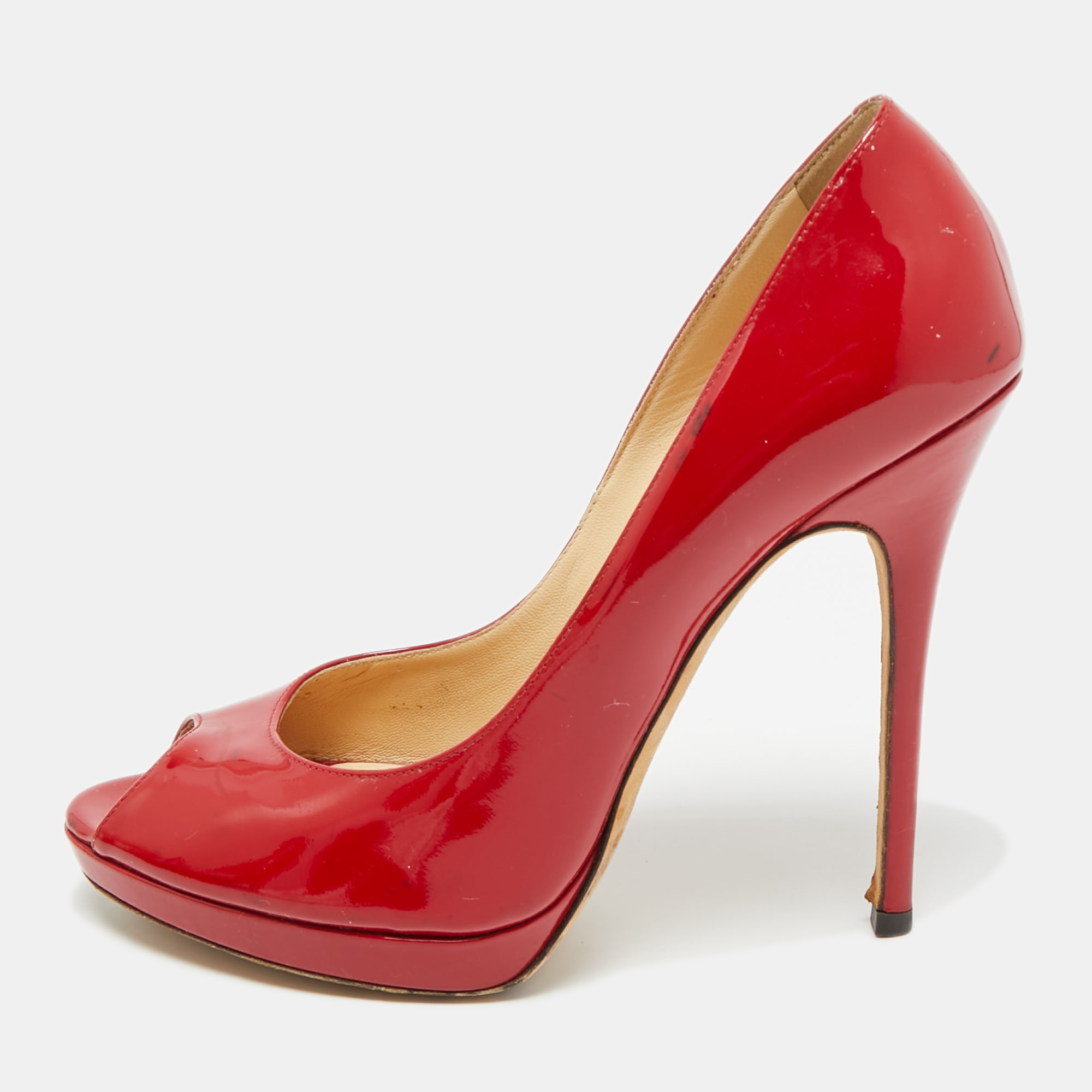 Click to view more detailed imagery on our partner's website Pre-owned Jimmy Choo Size 39.5 Red Patent Leather Peep Toe Pumps