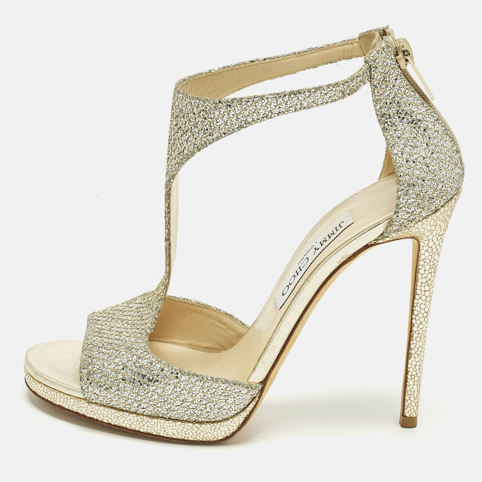 

Jimmy Choo Lana 120 Size  Gold Glitter T Strap Sandals