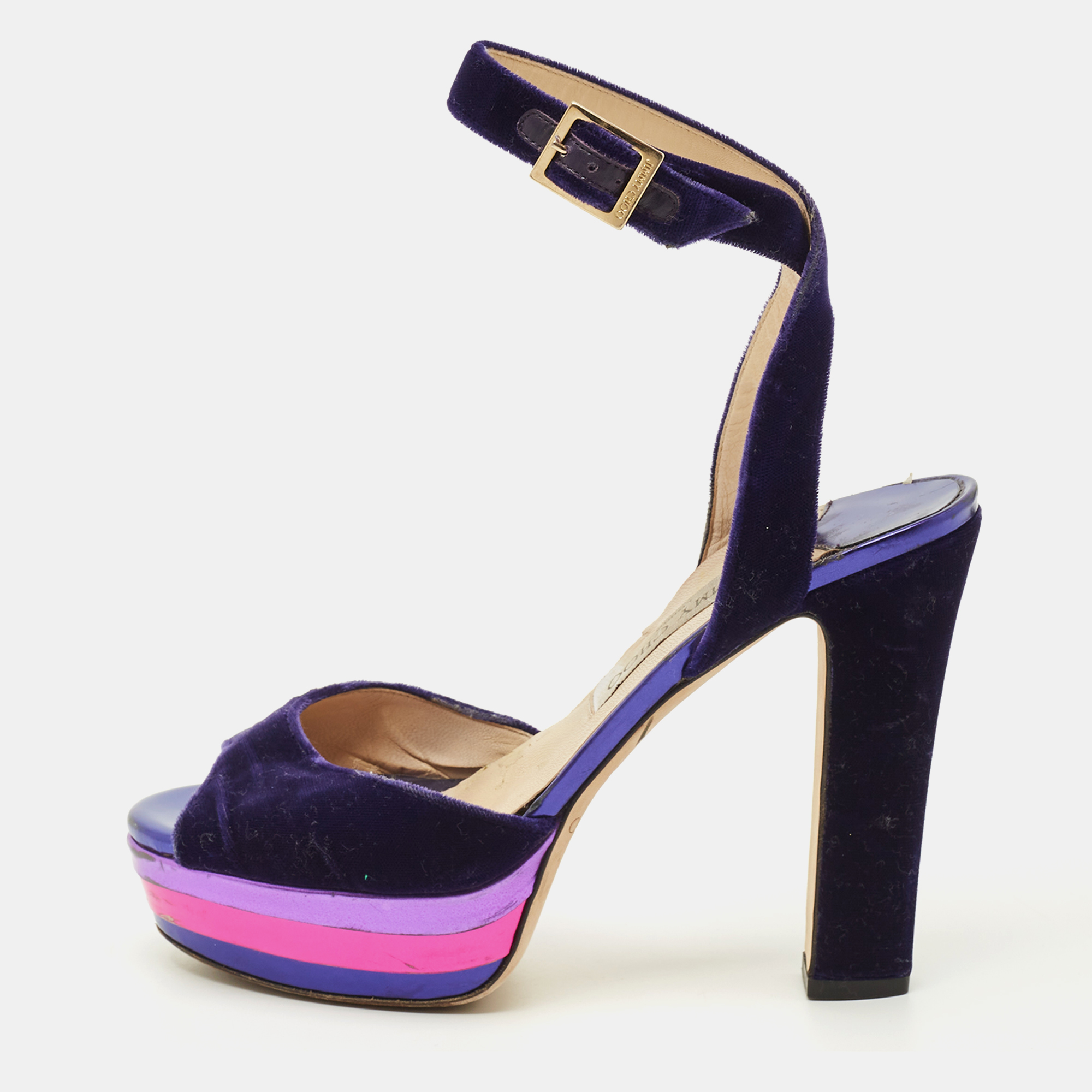 Pre-owned Jimmy Choo Size 38 Purple Velvet Platform Ankle Wrap Sandals