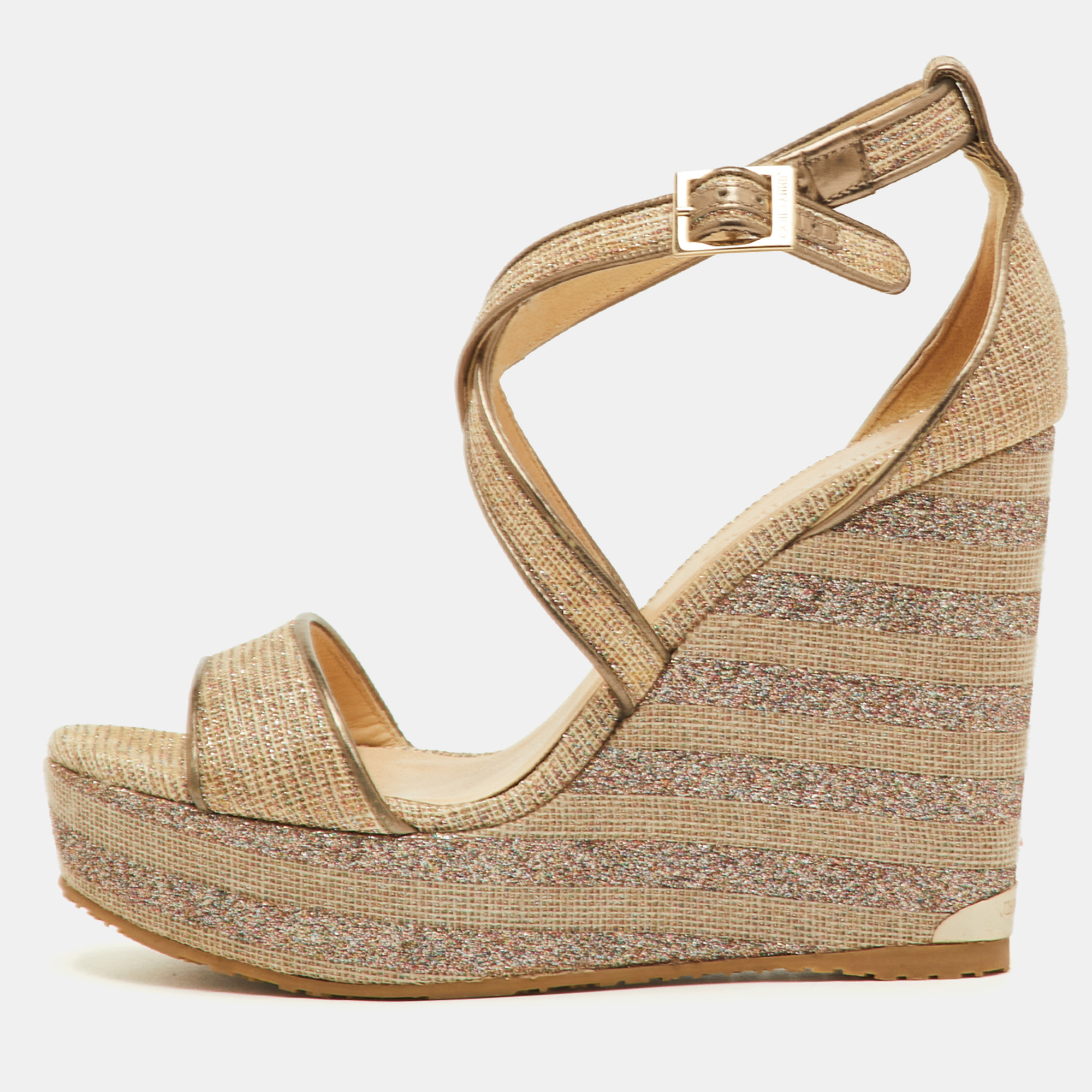 Pre-owned Jimmy Choo Size 39 Metallic Mesh And Leather Cross Strap Platform Wedge Sandals In Silver