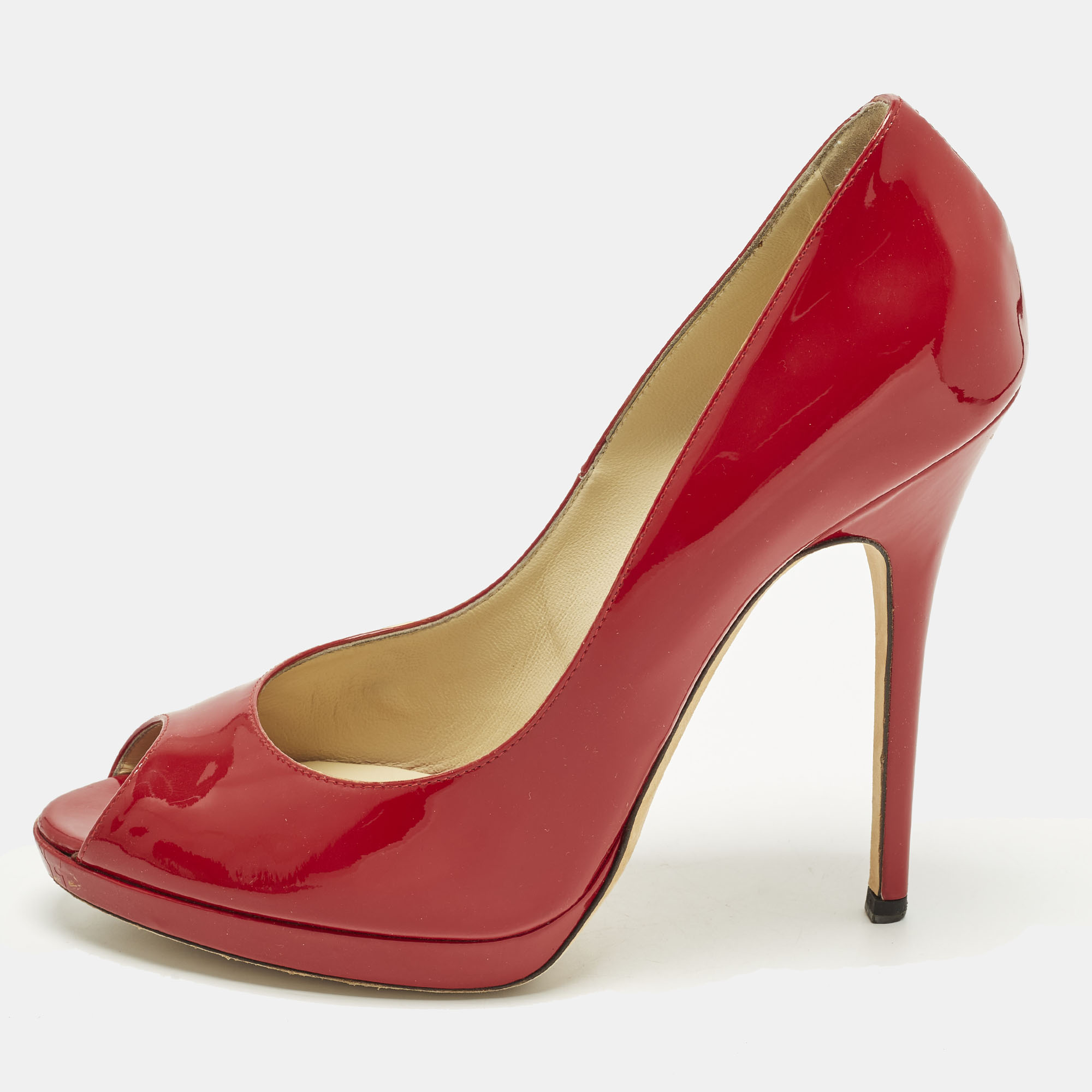 Pre-owned Jimmy Choo Quiet Size 40.5 Red Patent Leather Peep Toe Pumps