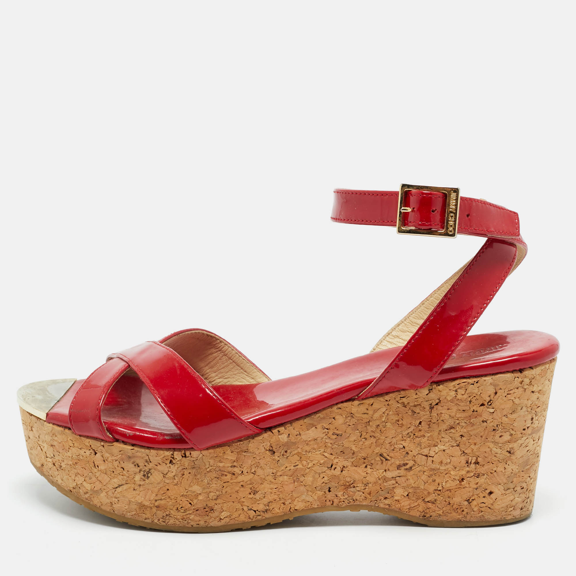

Jimmy Choo Panther Size  Red Patent Leather Cork Platform Ankle Strap Sandals