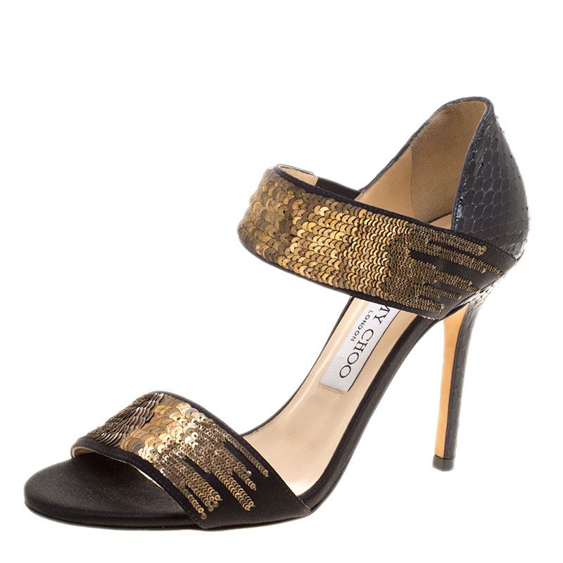 مملوكة مسبقًا Jimmy Choo Black Satin and Python Tallow Gold Sequined Sandals Size 36.5